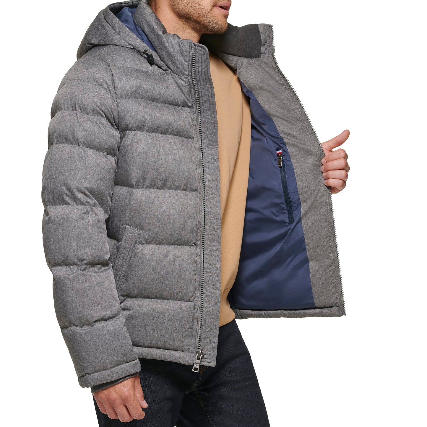 Tommy Hilfiger Mens Hooded Puffer Jacket, Heather Grey, Large Tall US