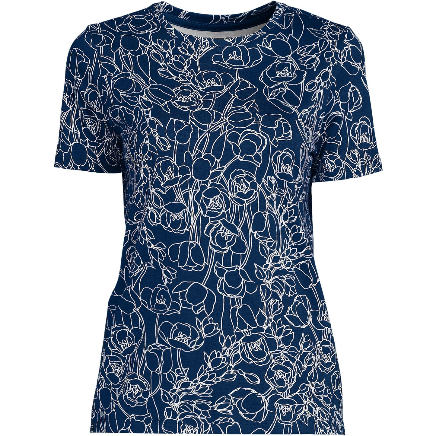 Lands' End Womens Short Sleeve Relaxed Supima Cotton Crew Neck T Shirt Deep Sea Navy Poetic Floral Tall X-Large