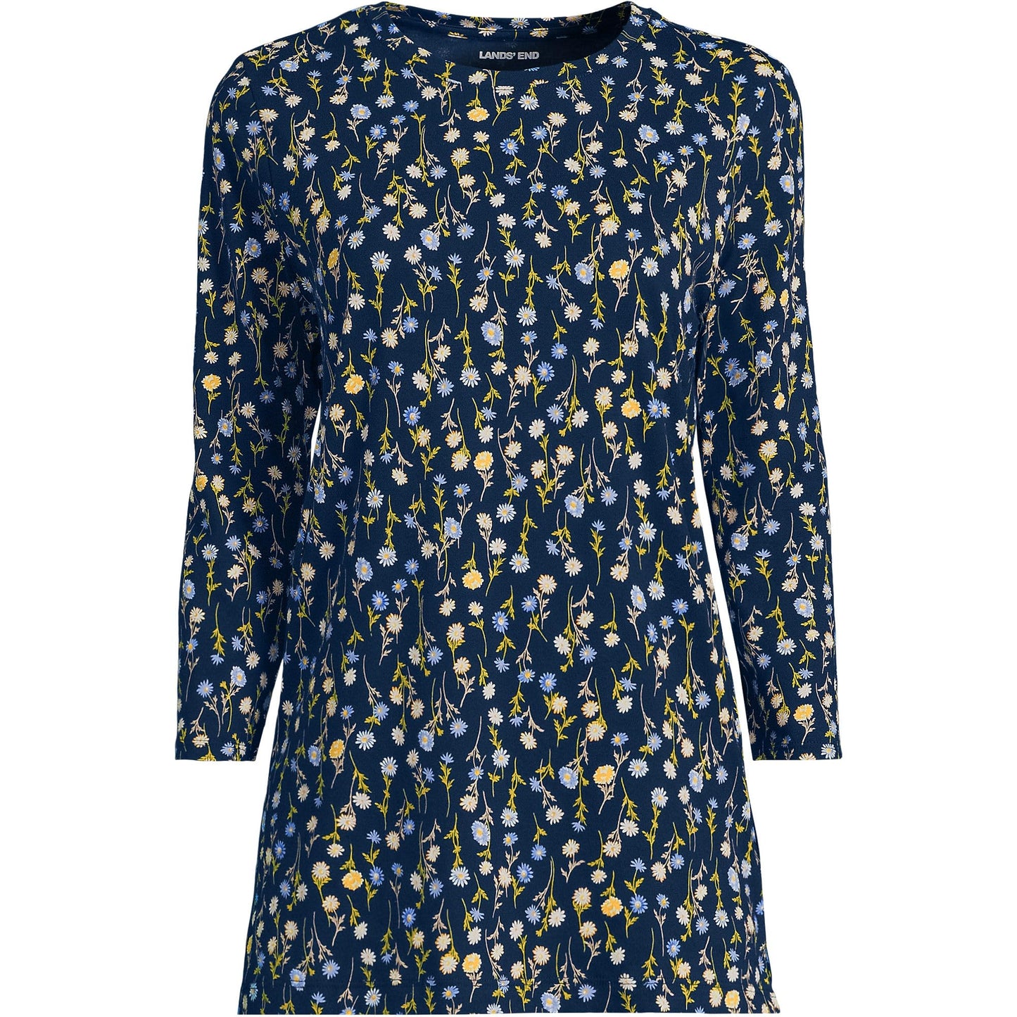 Lands' End Womens 3Q Cotton Supima Crew Neck Tunic Deep Sea Navy Multi Daisy Tall Small