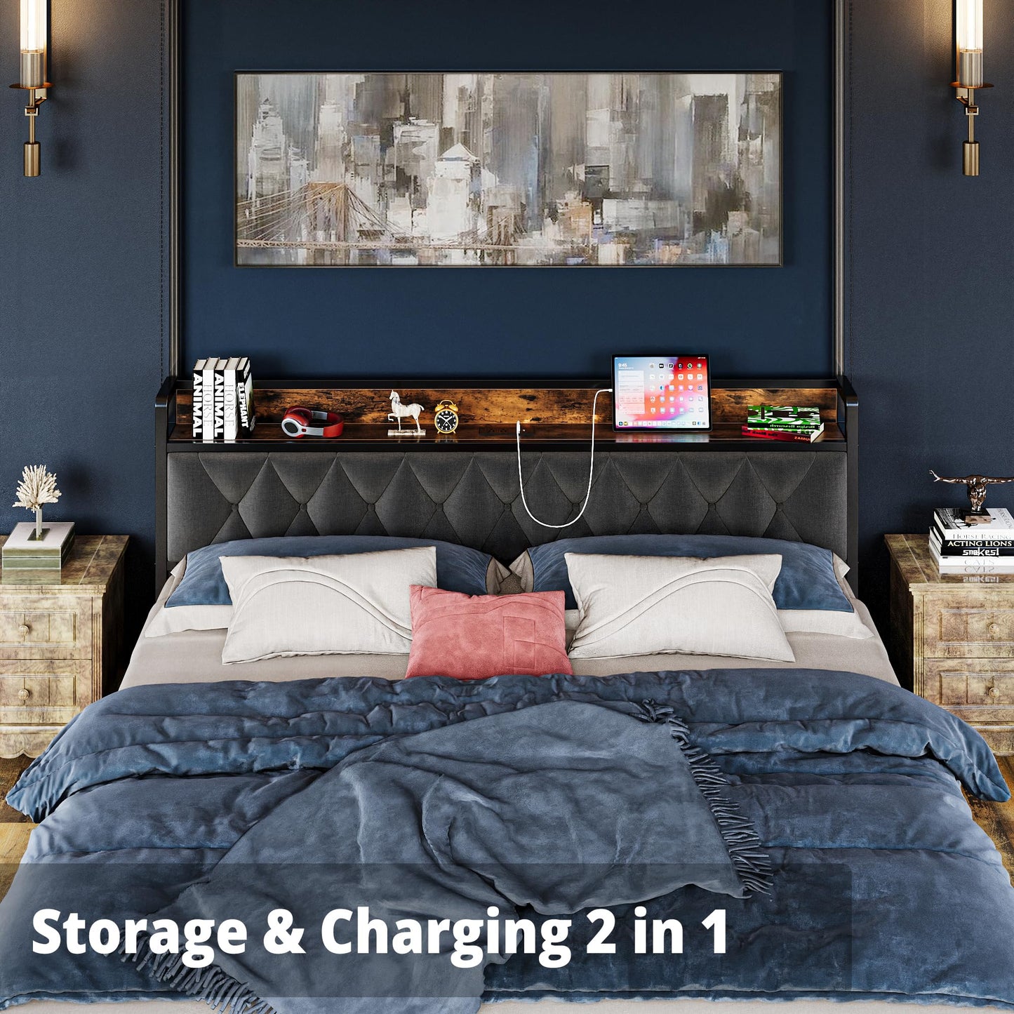 ANCTOR California King Bed Frames, Storage Headboard with Outlets, Easy to Install, Sturdy and Stable, No Noise, No Box Springs Needed - Perfect for a Good Night's Sleep