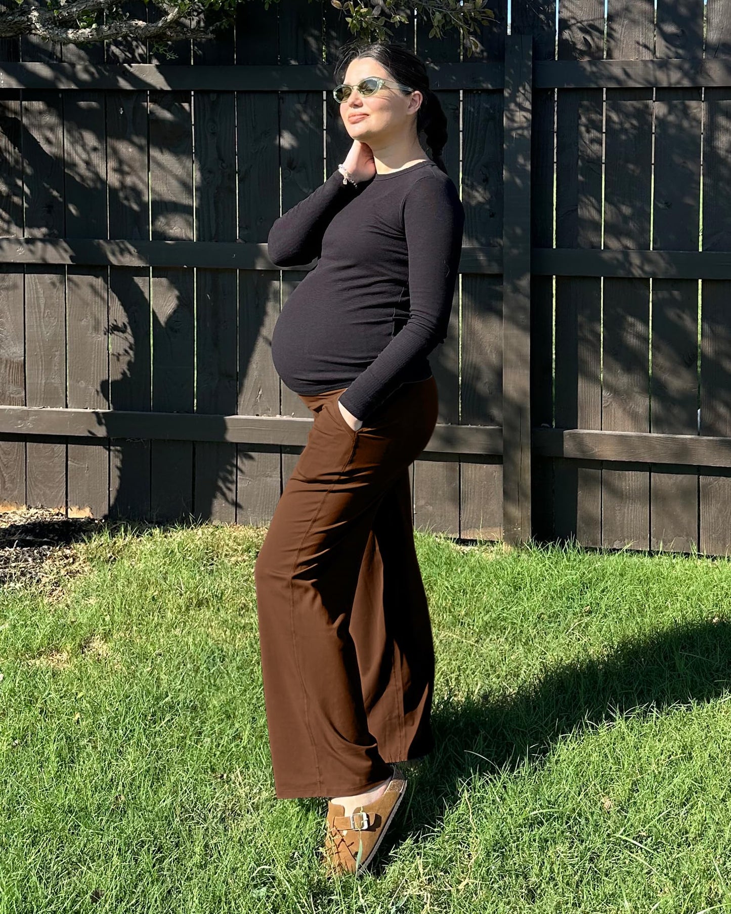 G4Free Maternity Leggings Over The Belly with Pockets Soft Wide Leg Pregnancy Yoga Pants for Casual Athletic Workout (Dark Coffee,M,32")
