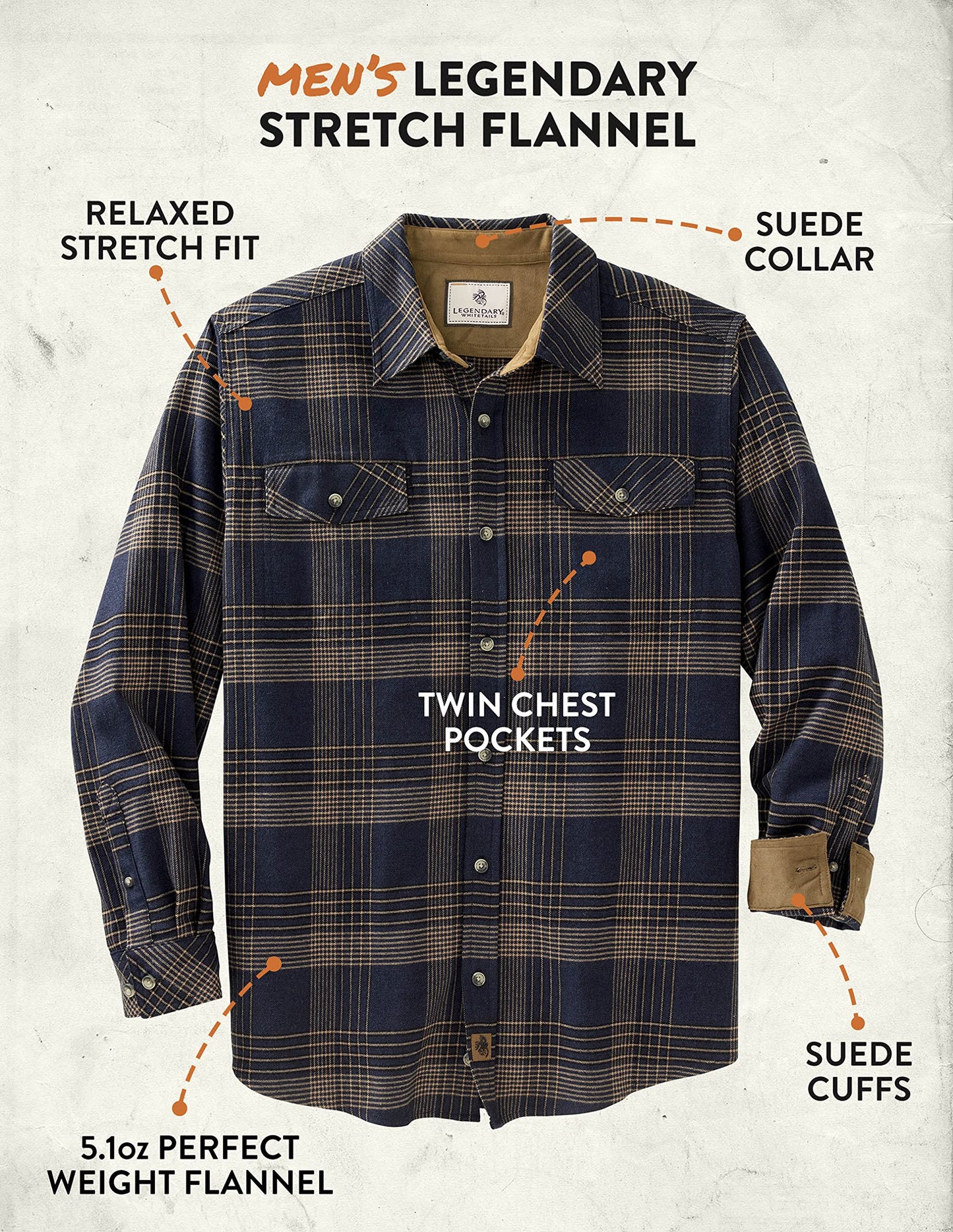 Legendary Whitetails Men's Big Flannel Shirt Long Sleeve Button Down Relaxed Fit, Peace Navy Melange, 3X-Large Tall