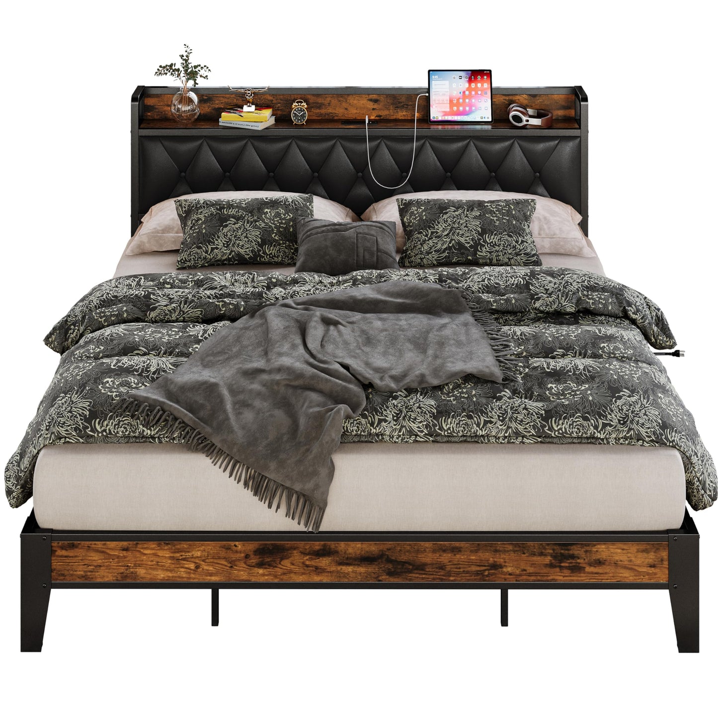 ANCTOR California King Bed Frames, Storage Headboard with Outlets, Easy to Install, Sturdy and Stable, No Noise, No Box Springs Needed, Rustic Brown and Black