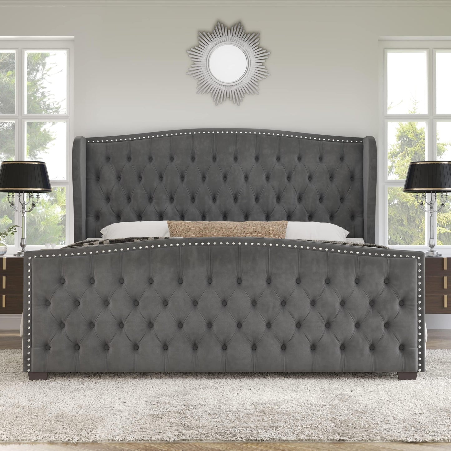 AMERLIFE California King Size Platform Bed Frame, Velvet Upholstered Bed with Deep Button Tufted & Nailhead Trim Wingback Headboard/No Box Spring Needed, Grey