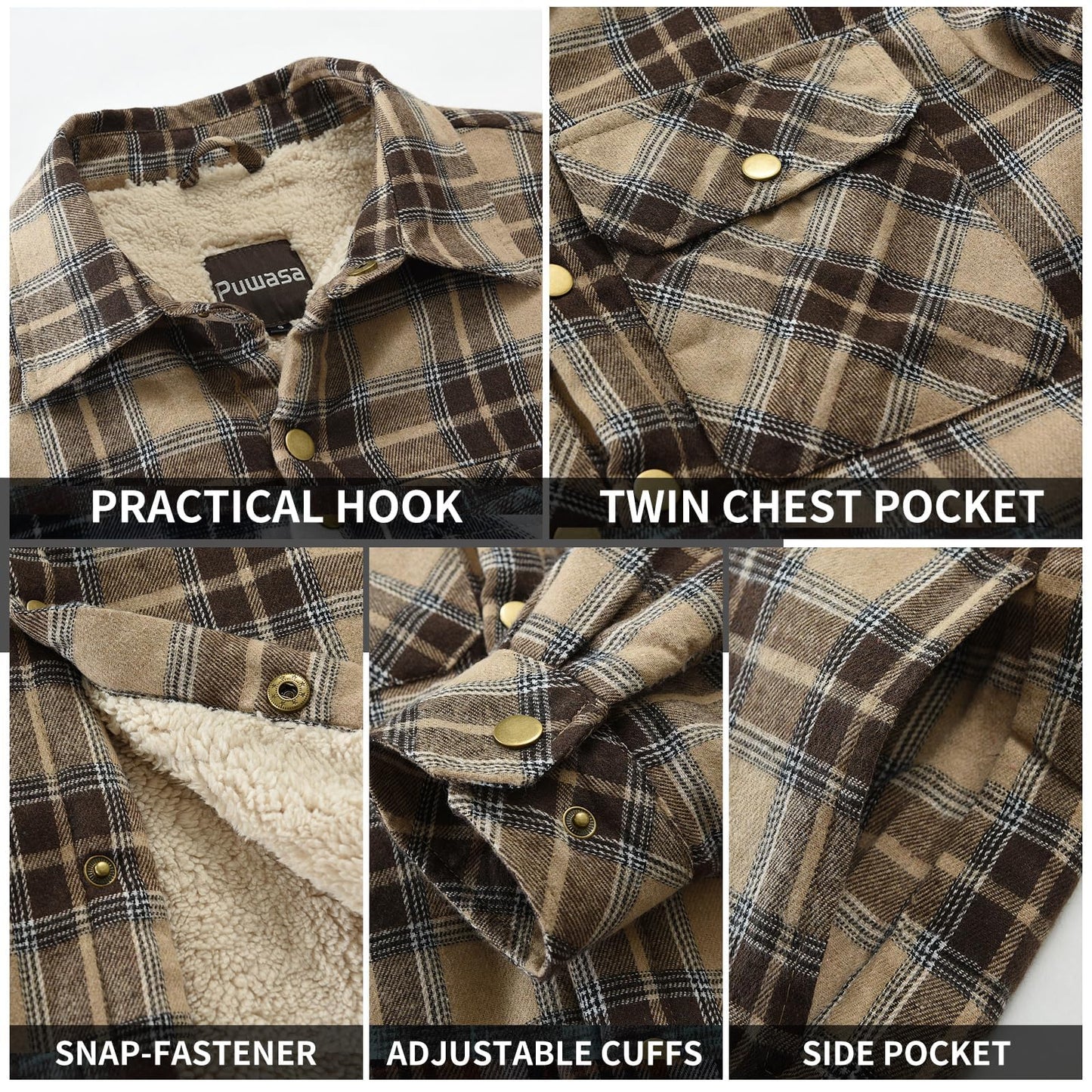 Puwasa Men's Fleece Lined Plaid Flannel Shirt Jacket Long Sleeve Soft Button Down Coat for Men Khaki X-Large Tall