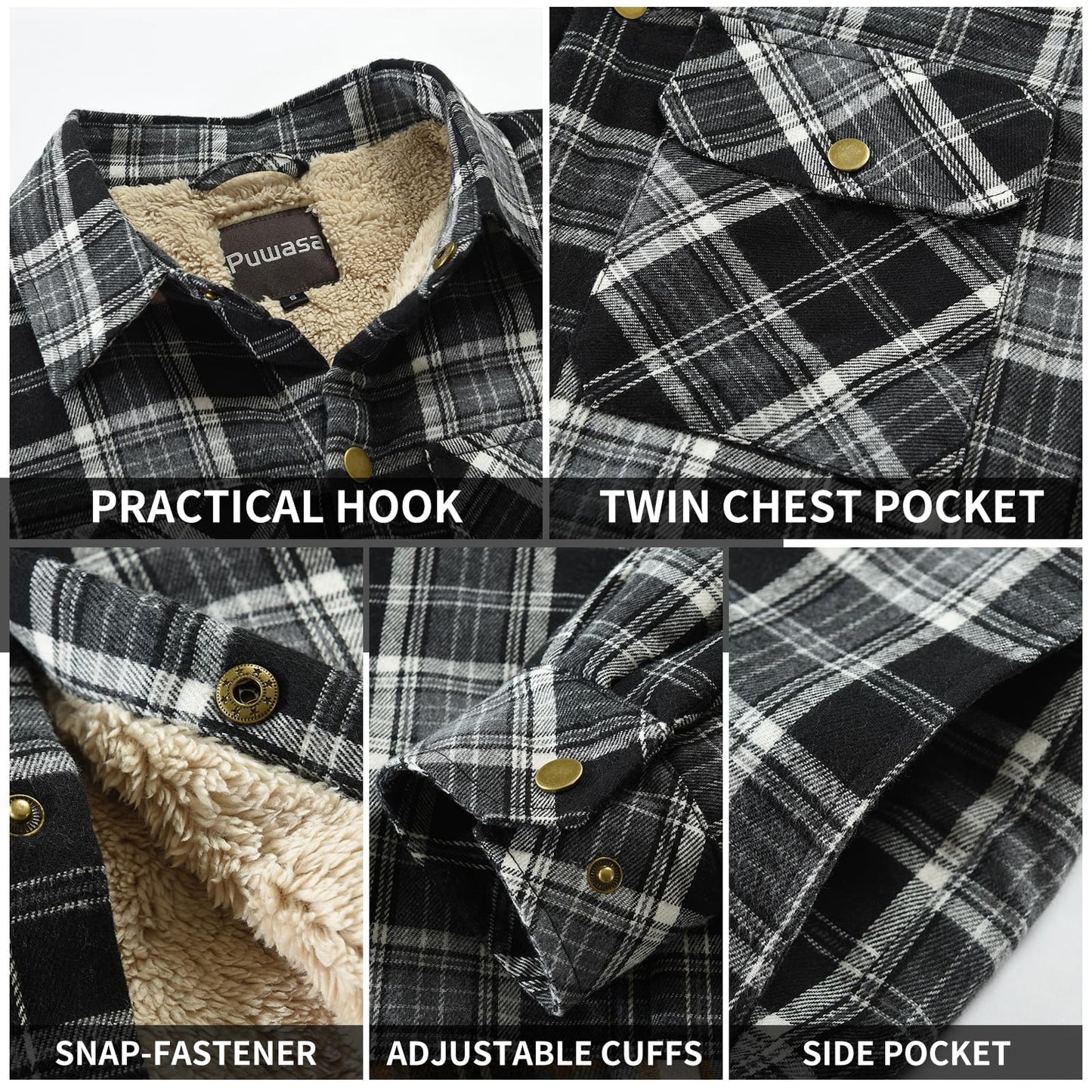 Puwasa Men's Cotton Flannel Shirt Jacket Long Sleeve Fleece Casual Button Down Plaid Jacket Brushed Soft Outdoor Coat with Pocket Black X-Large Tall