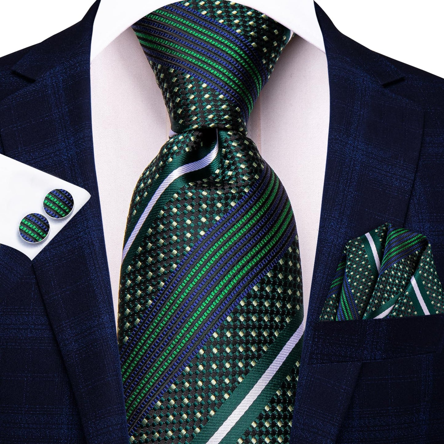 Hi-Tie Green Blue Extra Long Ties for Men Silk 70'' Mens Long Ties Set and Pocket Square Cufflinks Striped Neckties