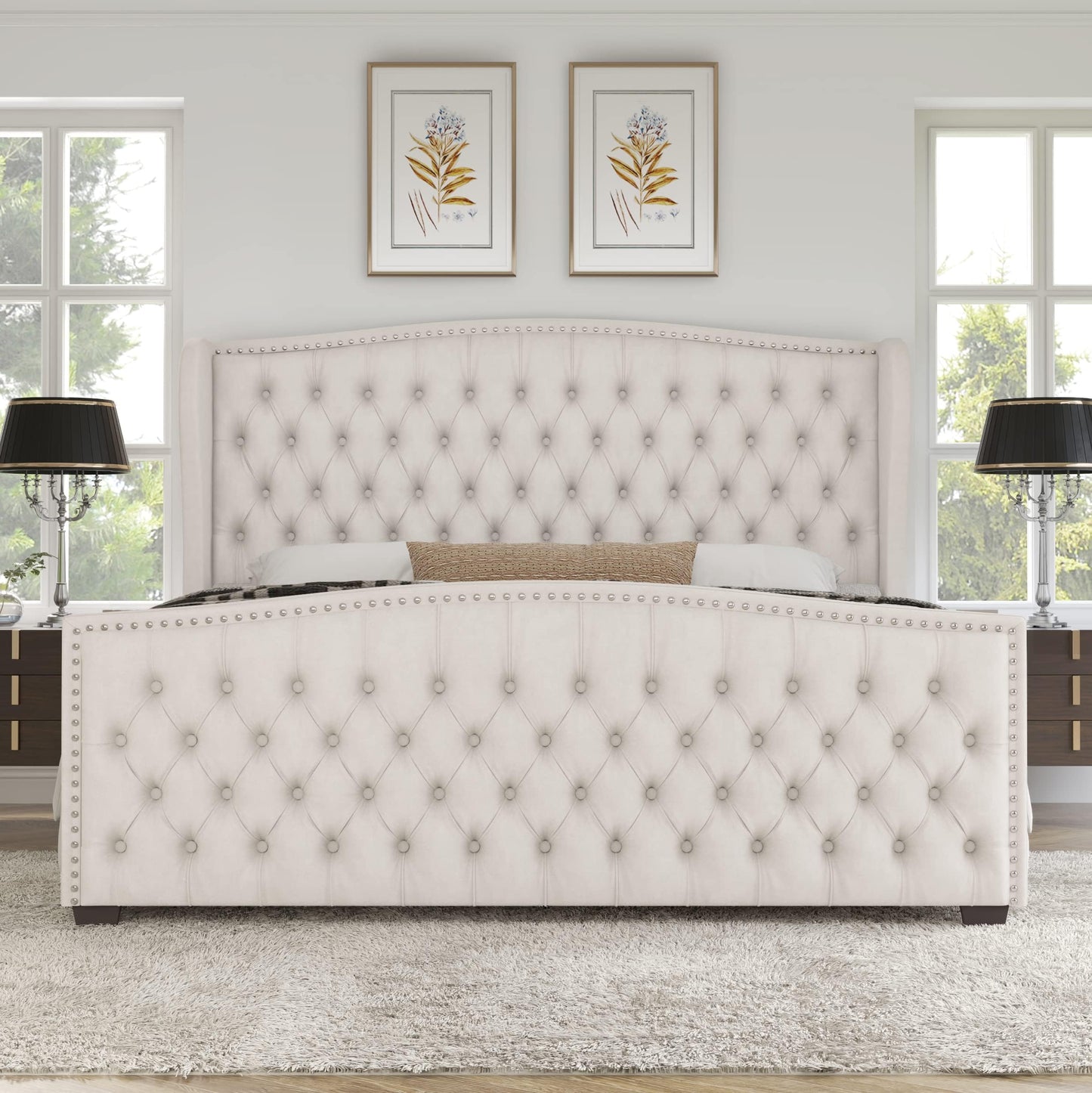 AMERLIFE California King Size Platform Bed Frame, Velvet Upholstered Bed with Deep Button Tufted & Nailhead Trim Wingback Headboard/No Box Spring Needed, Cream
