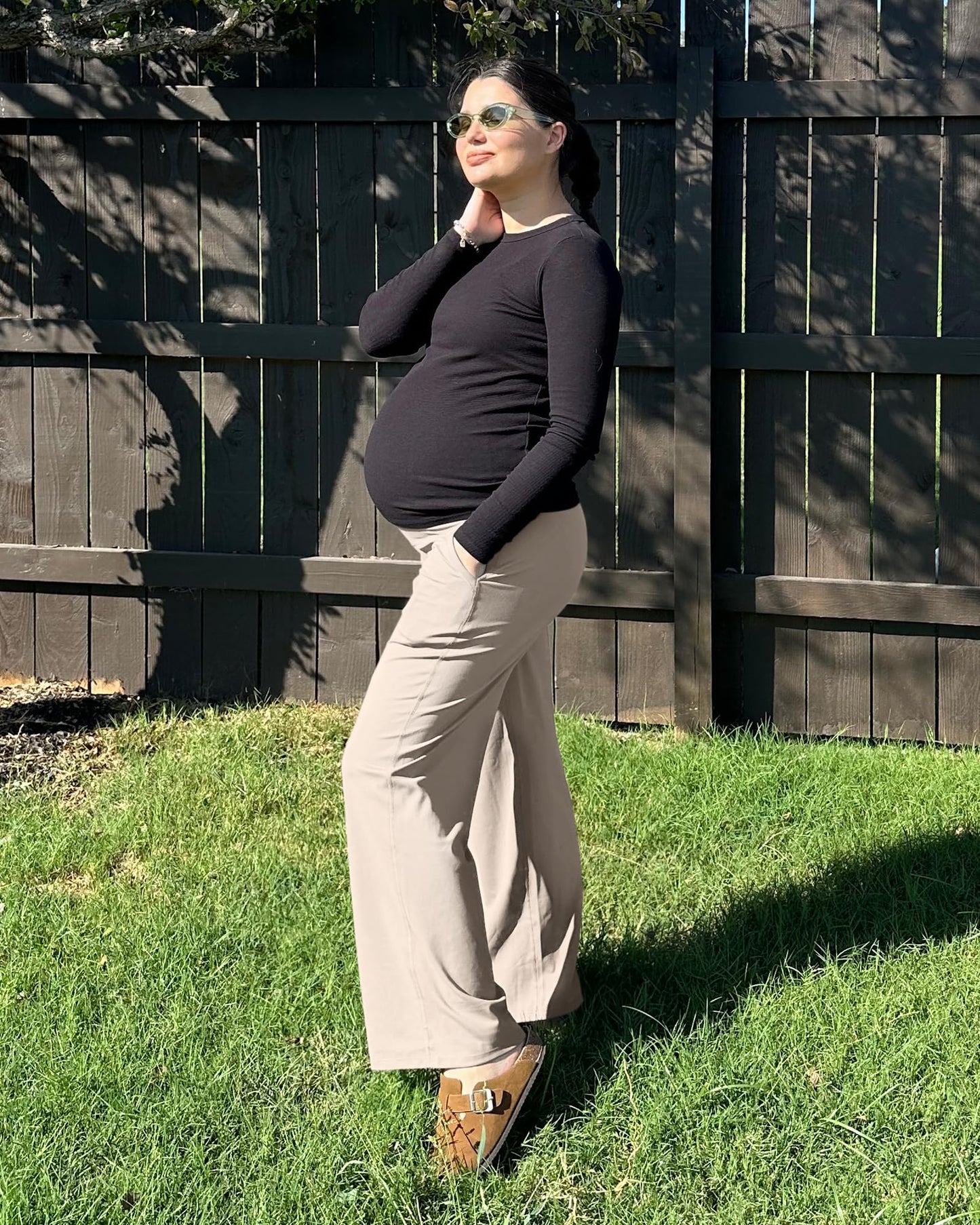 G4Free Maternity Clothes Wide Leg Outfits Pregnancy Dress Work Pants High Waist Yoga Pants with Pockets Winter Trousers(Light Khaki,L,32")