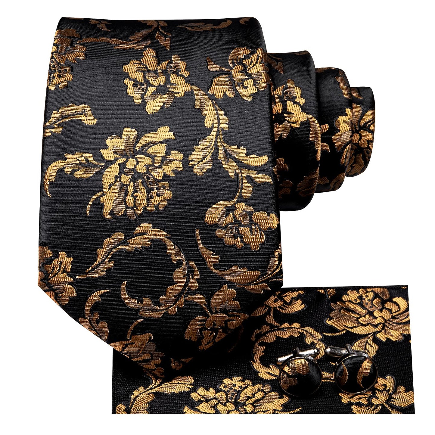Hi-Tie 70'' Black Gold Ties for Men Silk Extra Long Floral Mens Ties Set Necktie and Pocket Square Cufflink for Wedding