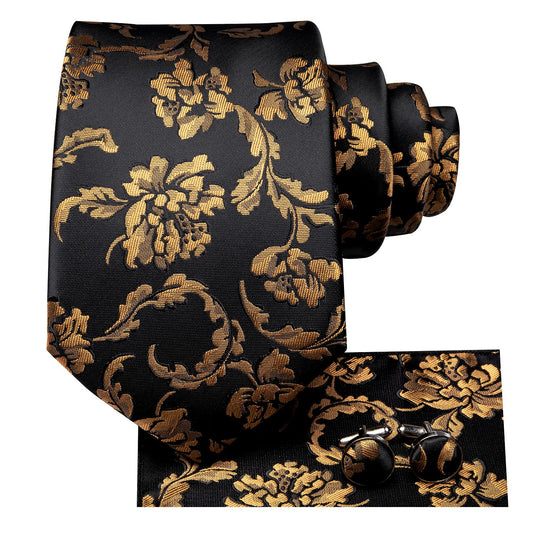 Hi-Tie 70'' Black Gold Ties for Men Silk Extra Long Floral Mens Ties Set Necktie and Pocket Square Cufflink for Wedding