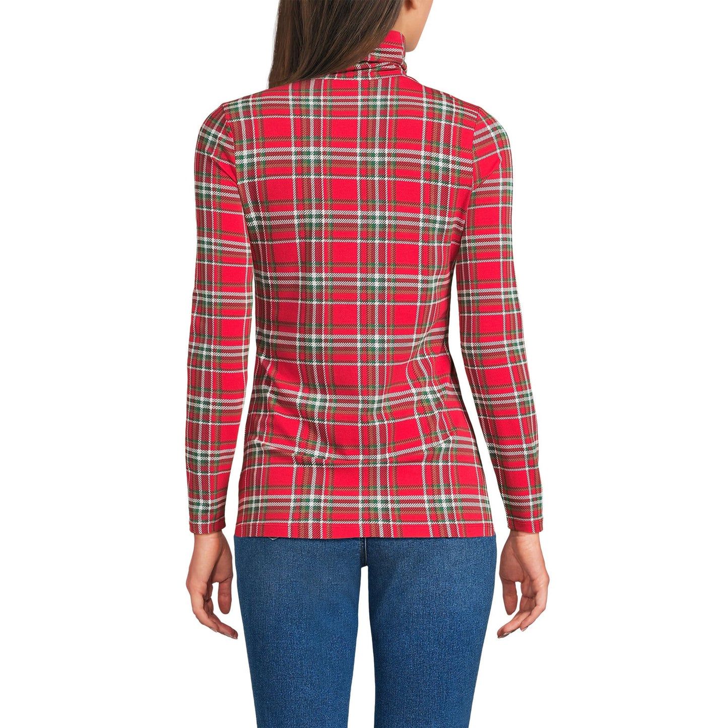 Lands' End Womens Long Sleeve Shaped LWCM Turtleneck Compass Red/Emerald Plaid Tall Large