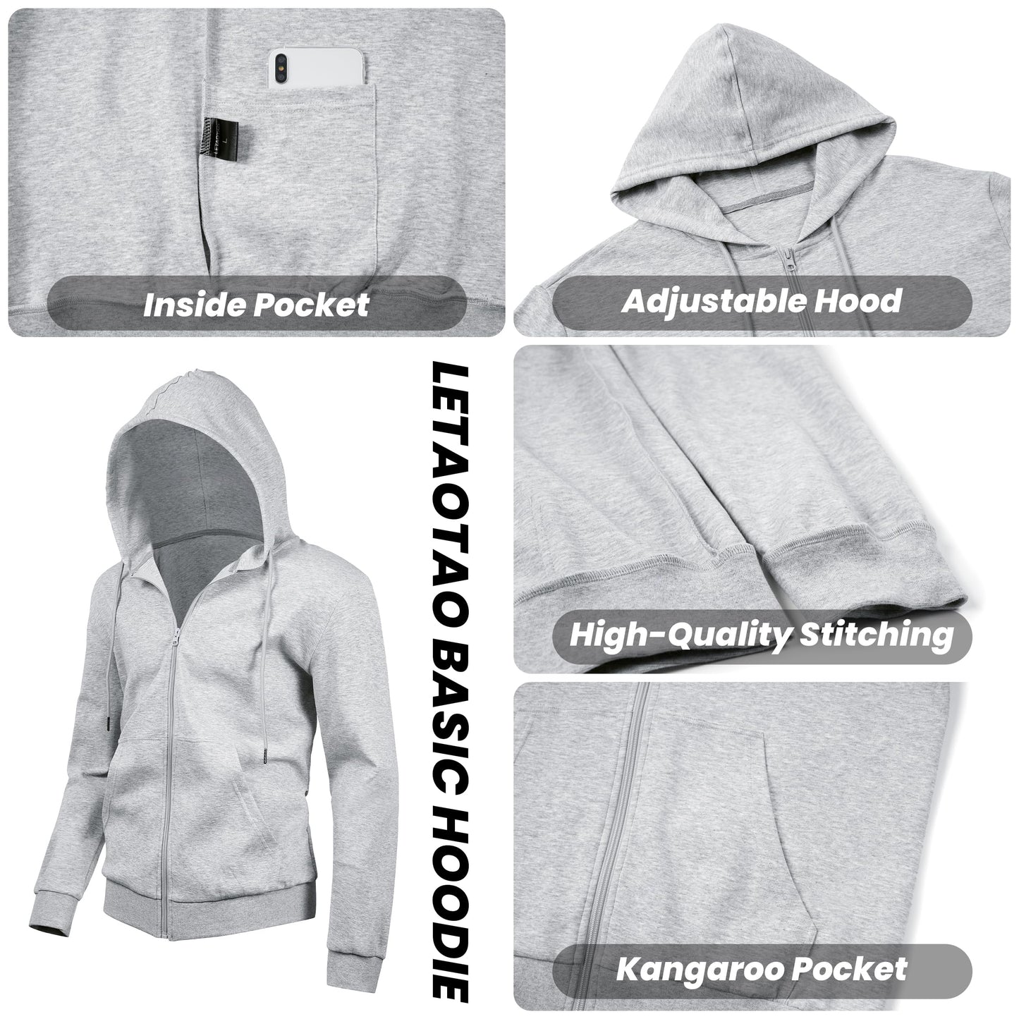 LETAOTAO Lightweight Hoodie Men Zip Up Hooded Sweatshirt Thin Slim Fit Jacket Available in Regular & Tall Sizes（Grey，Tall-XL）