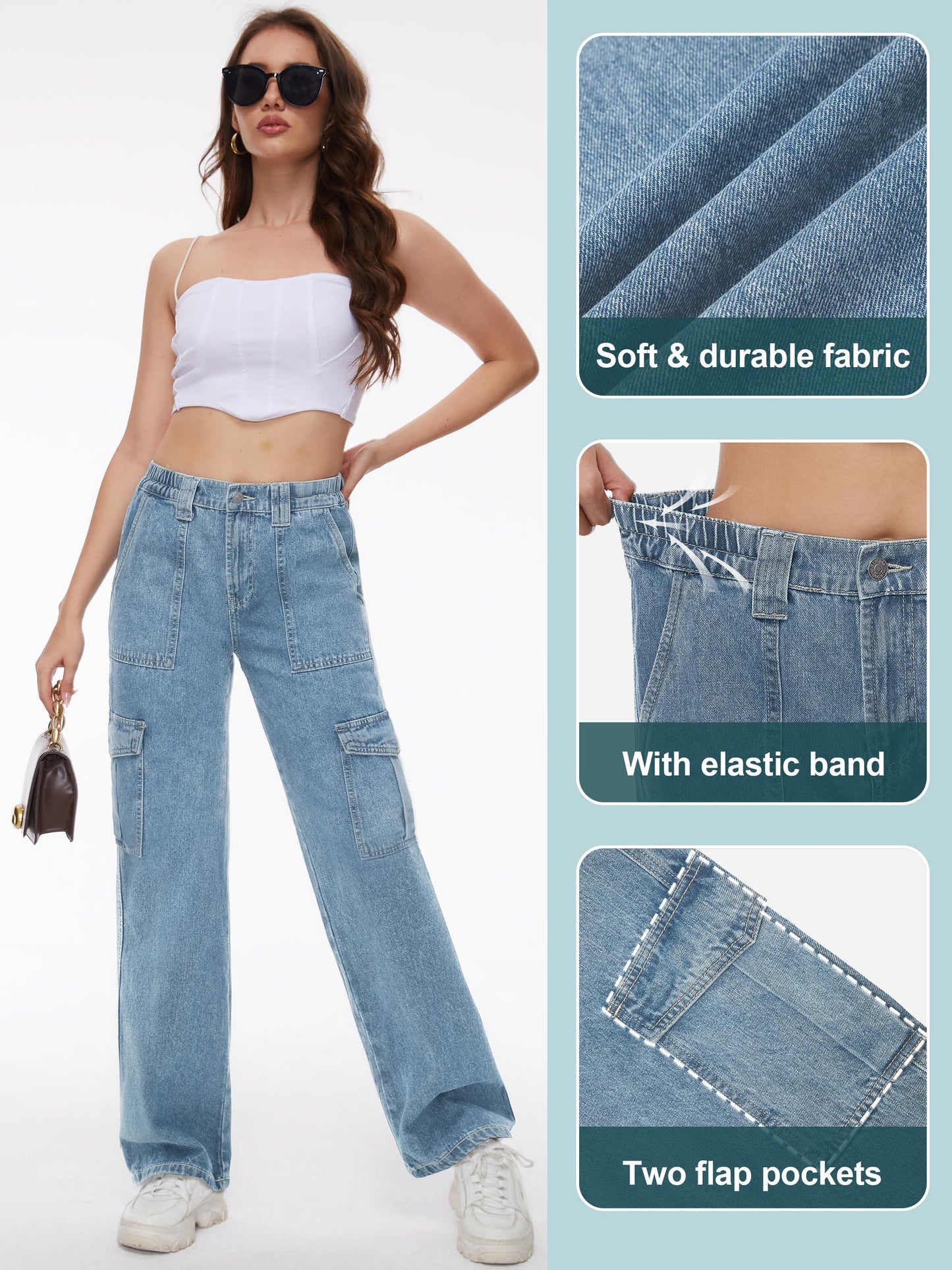Tapata Women's 26"/28"/30"/32"/34" Cargo Jeans Straight Leg Short Petite Regular Tall Denim Y2K Pants Light Blue, S