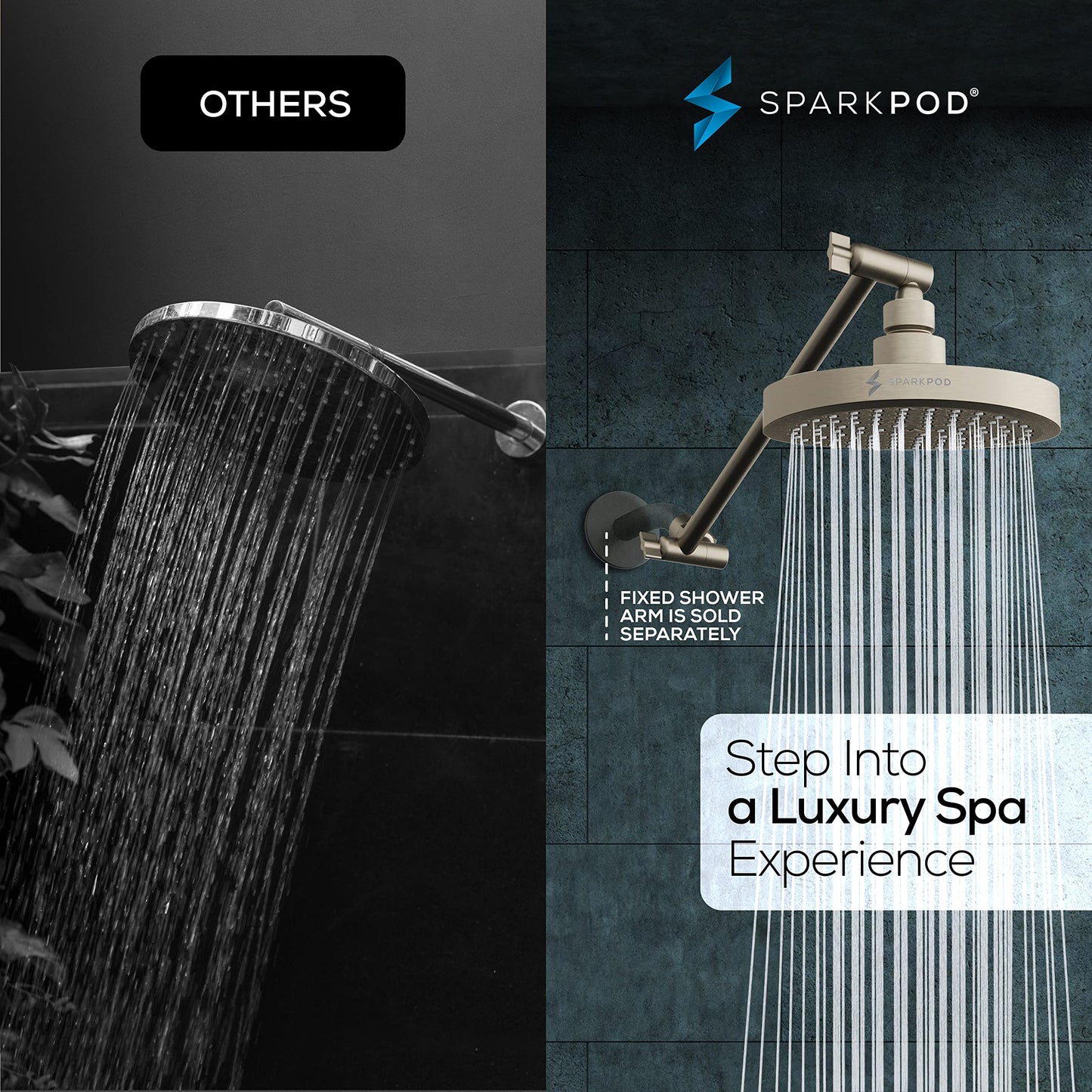 SparkPod Round Rain Shower Head with Extension Arm - Height Adjustable Shower Head with High Pressure Performance - Easy 1-Minute Installation (11" Arm Extension, Elegant Brushed Nickel)