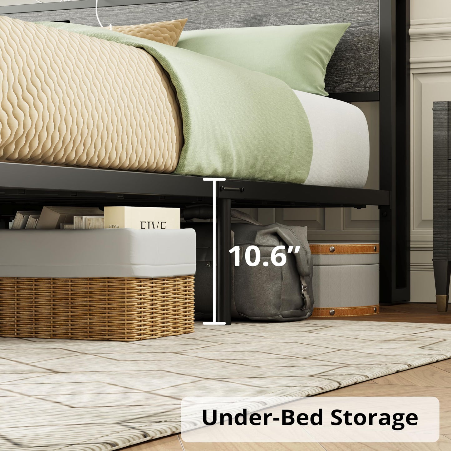 LIKIMIO California King Bed Frame with Storage Headboard, Platform Bed with Drawers and Charging Station, No Box Spring Needed, Easy Assembly, Charcoal Grey