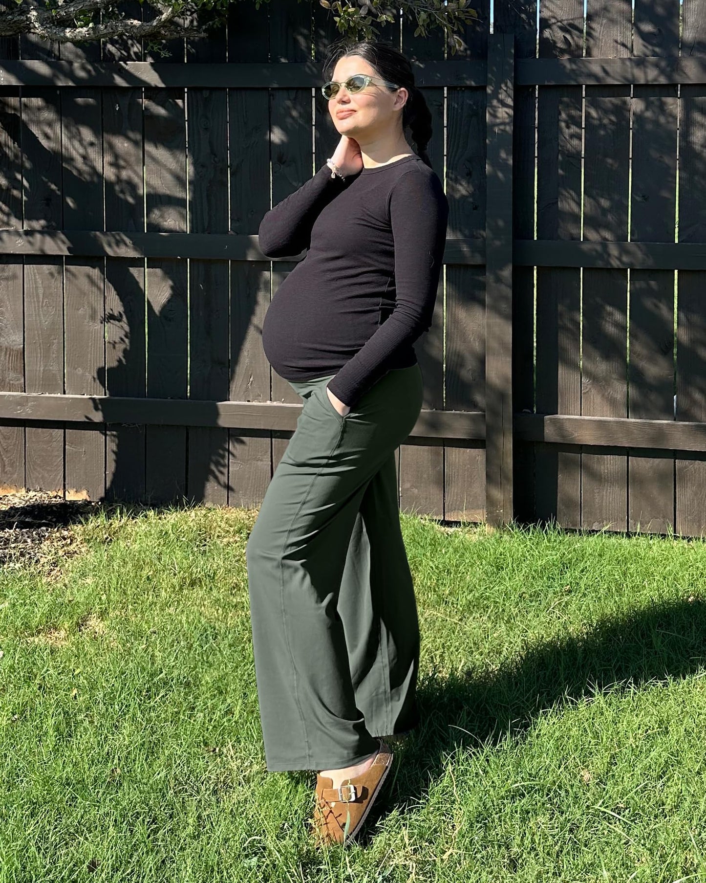 G4Free Maternity Activewear Over The Belly Straight Yoga Pants with Pockets Lightweight Maternity Pants (Gray Sage,M,32")