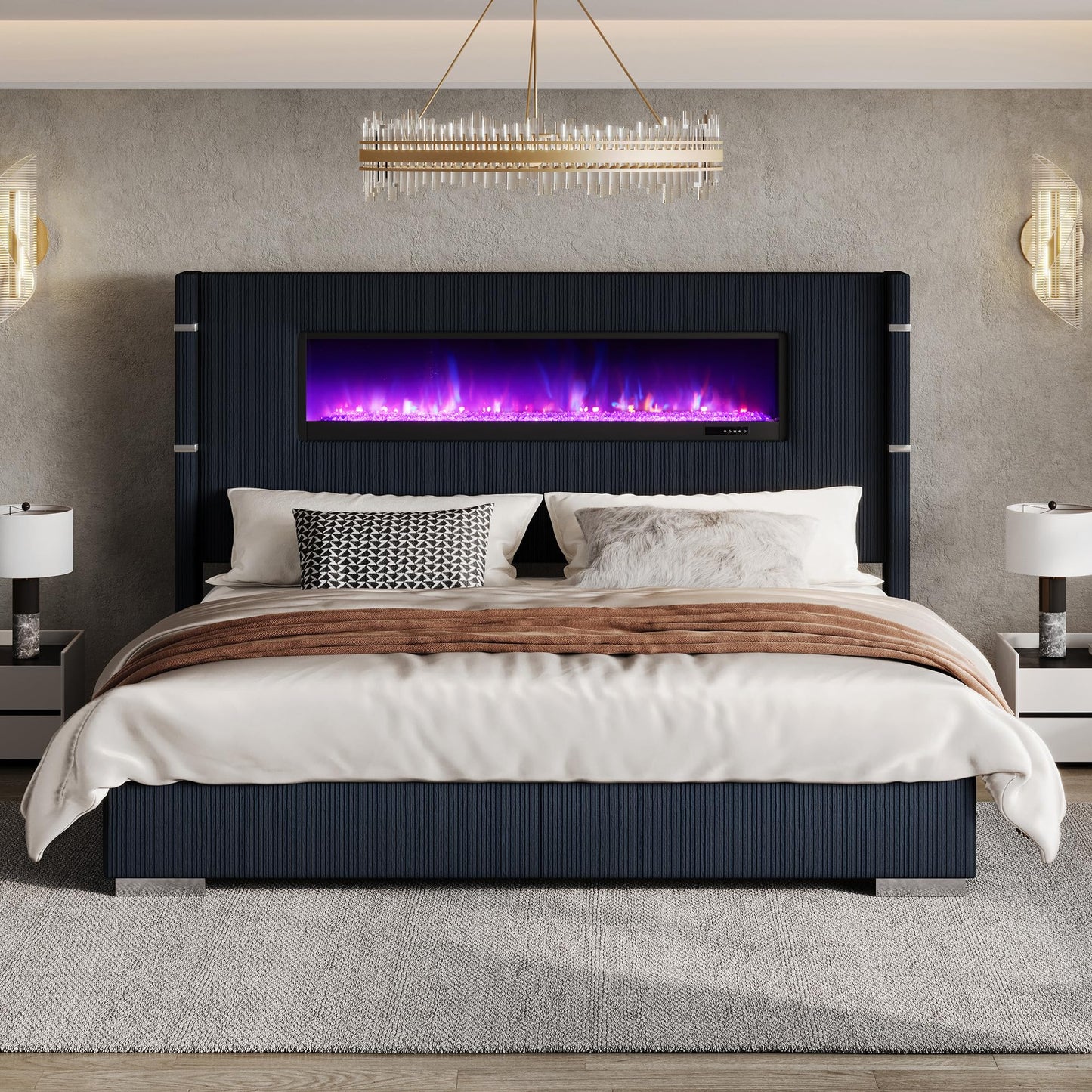 AMERLIFE Modern California King Size Bed Frame with Fireplace, Wingback Platform Bed Frame with 60.4“ Extra Tall Headboard, Corduroy Upholstered Bed Frame Wooden Slats/No Box Spring Needed, Black