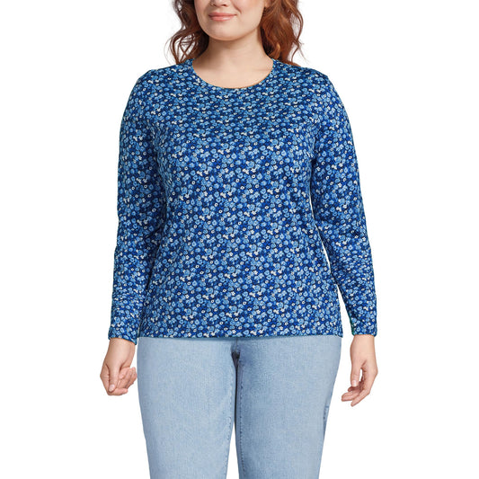 Lands' End Womens Long Sleeve Relaxed Supima Cotton Crew Neck T Shirt Deep Sea/Blue Ditsy Floral Tall Small