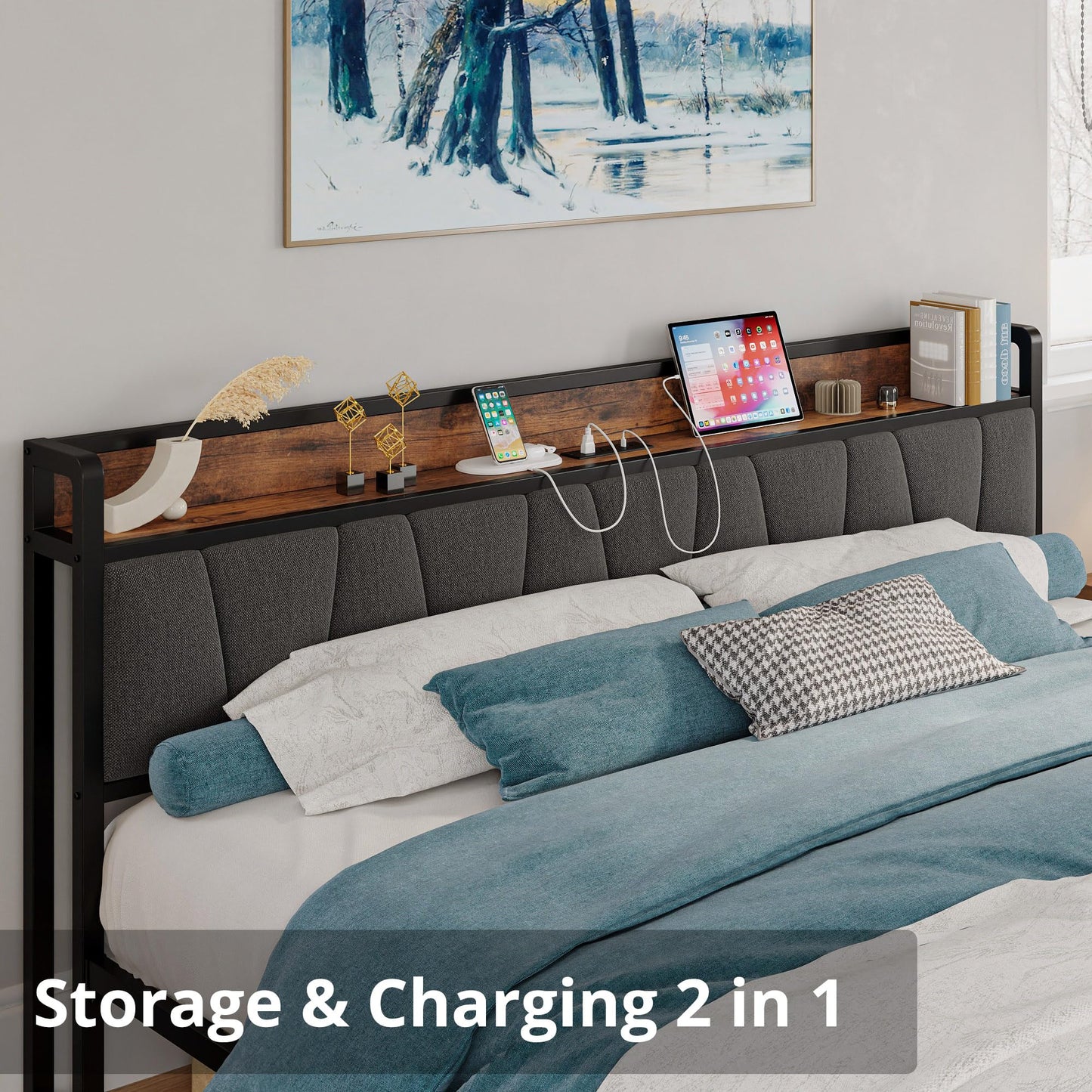 LIKIMIO California King Bed Frames, Storage Headboard with Charging Station, Solid and Stable, Noise Free, No Box Spring Needed, Easy Assembly