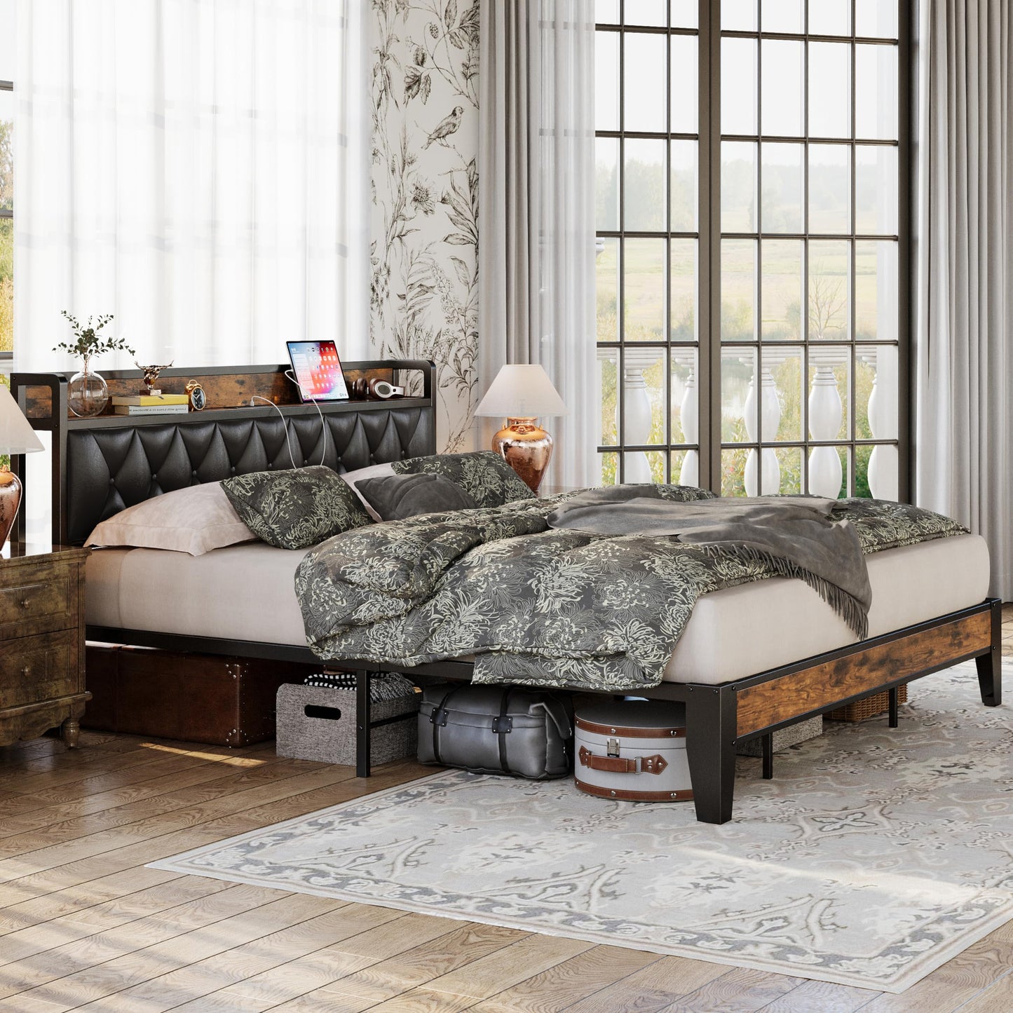 ANCTOR California King Bed Frames, Storage Headboard with Outlets, Easy to Install, Sturdy and Stable, No Noise, No Box Springs Needed, Rustic Brown and Black