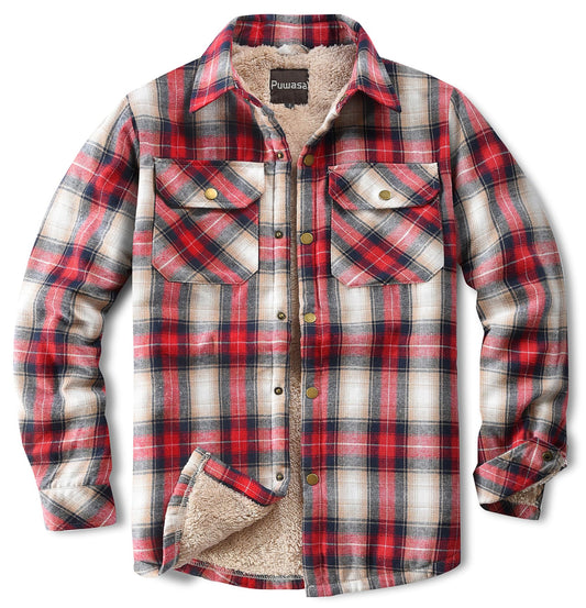 Puwasa Men's Flannel Jackets Side Pockets Fleece Lined Plaid Shirt Lightweight Cotton Button Up Winter Jacket for Men Red Large Tall
