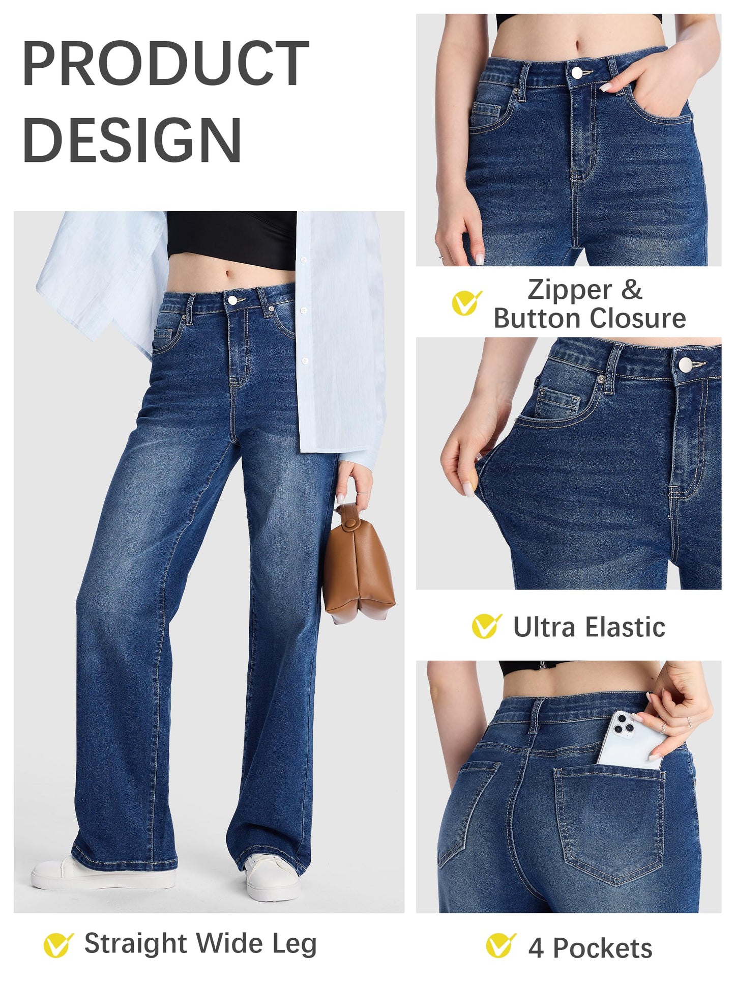 SEVEGO Women's 32"/34"/36" Tall Straight Leg Jeans Mid Waisted Stretchy Loose Denim Pants Casual Baggy Jean Trousers 32'', Blue, XXL