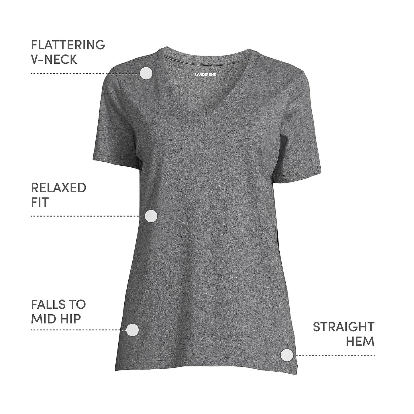 Lands' End Womens SS Relaxed Supima V Neck T Shirt Charcoal Heather Tall Large