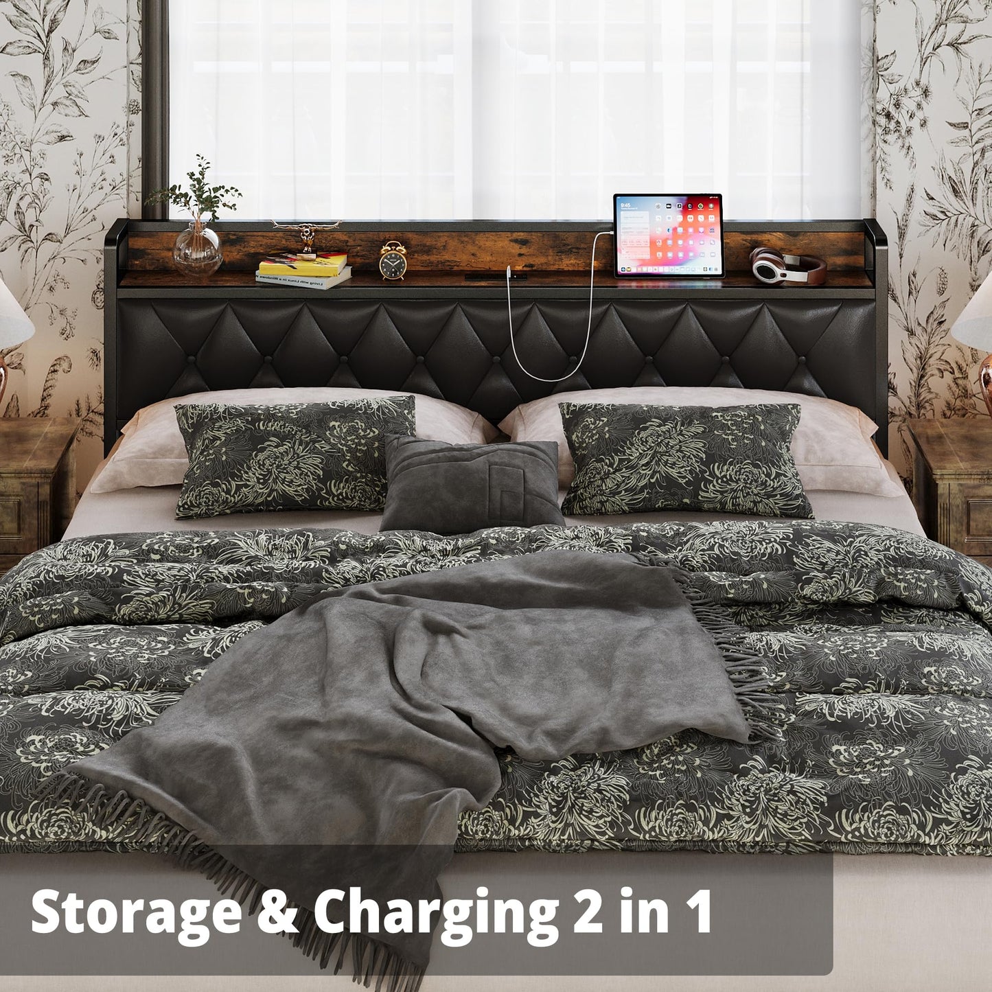 ANCTOR California King Bed Frames, Storage Headboard with Outlets, Easy to Install, Sturdy and Stable, No Noise, No Box Springs Needed, Rustic Brown and Black