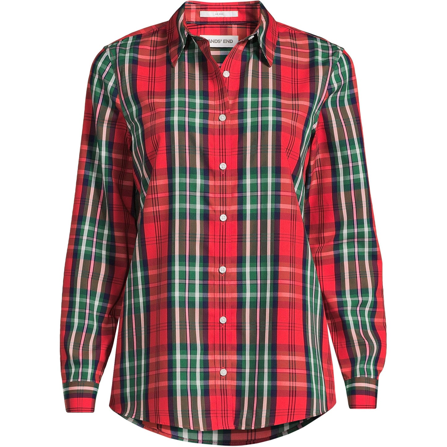 Lands' End Womens LS No Iron Button Front Shirt Compass Red/Emerald Plaid Tall 6