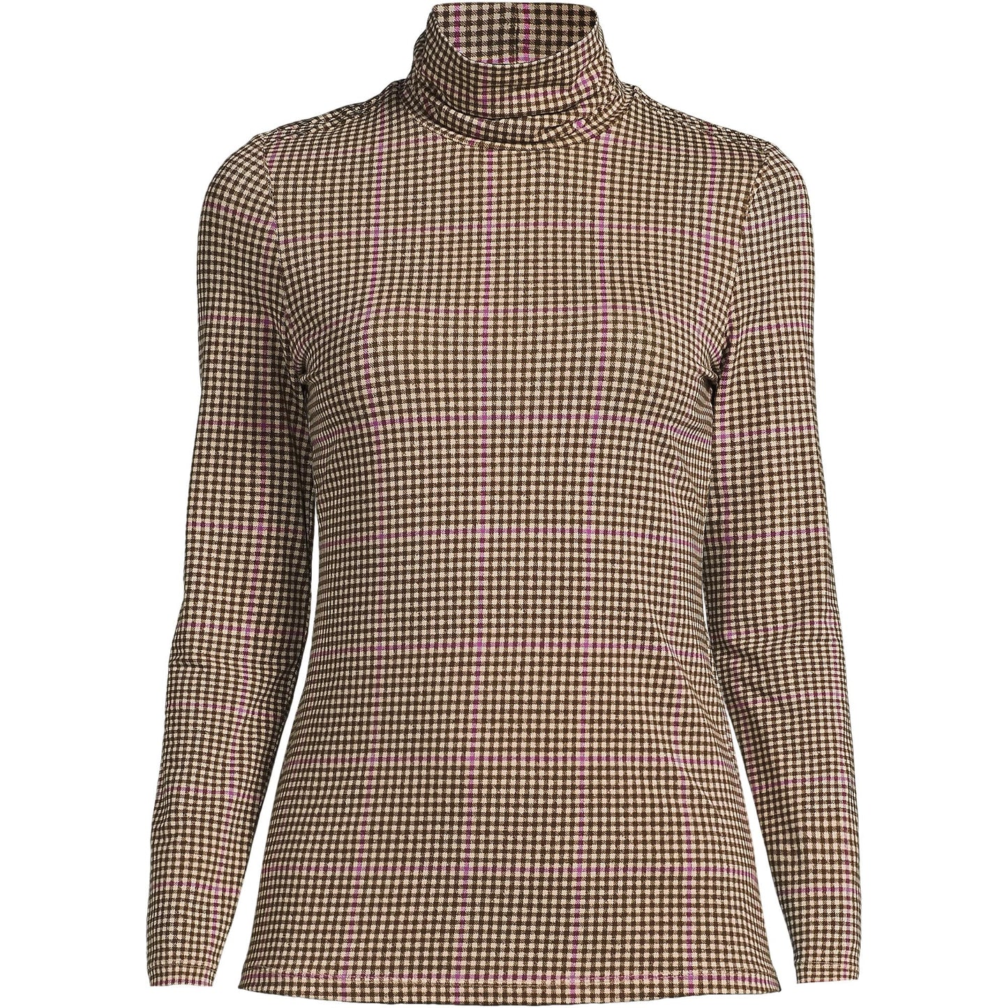 Lands' End Womens Long Sleeve Shaped LWCM Turtleneck Champagne/Brown Plaid Tall Medium