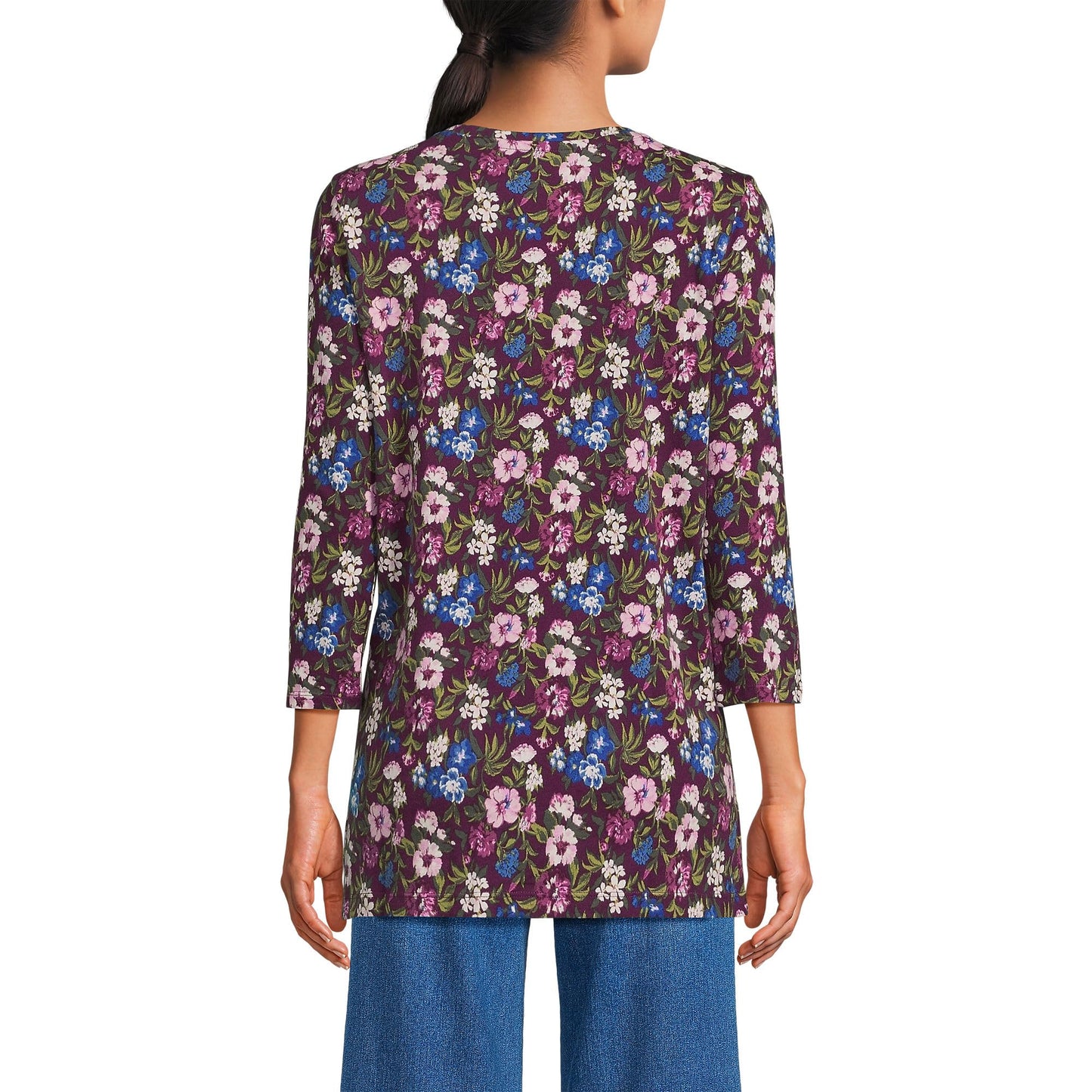 Lands' End Womens 3Q Cotton Supima Crew Neck Tunic Vivid Plum/pink Multi Floral Tall Small