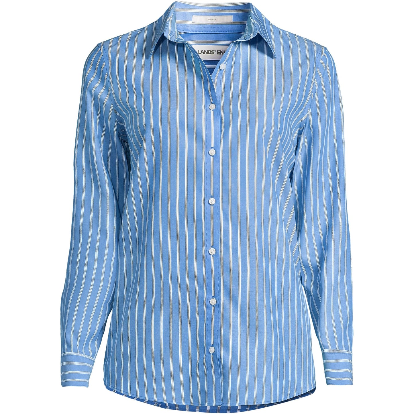 Lands' End Womens LS No Iron Button Front Shirt Muted Cobalt Crisp Stripe Tall 10