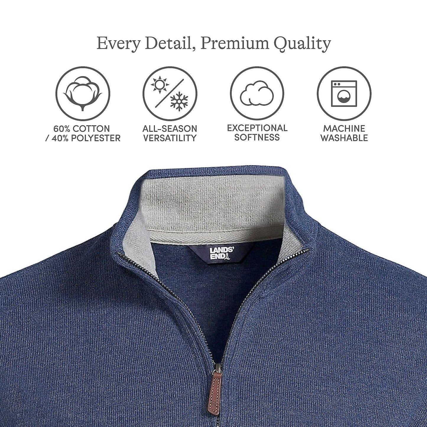 Lands' End Mens Bedford Rib Quarter Zip Sweater Medium Denim Heather Tall Medium