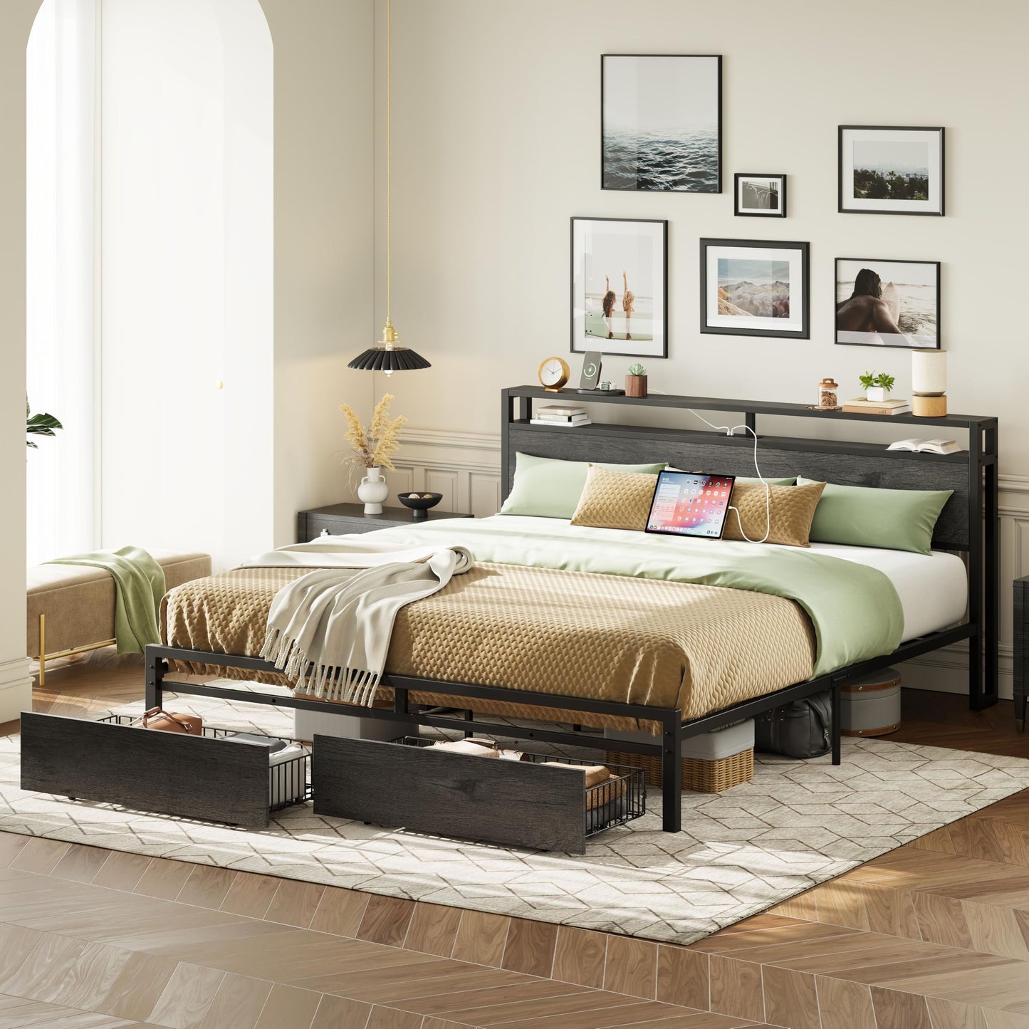 LIKIMIO California King Bed Frame with Storage Headboard, Platform Bed with Drawers and Charging Station, No Box Spring Needed, Easy Assembly, Charcoal Grey