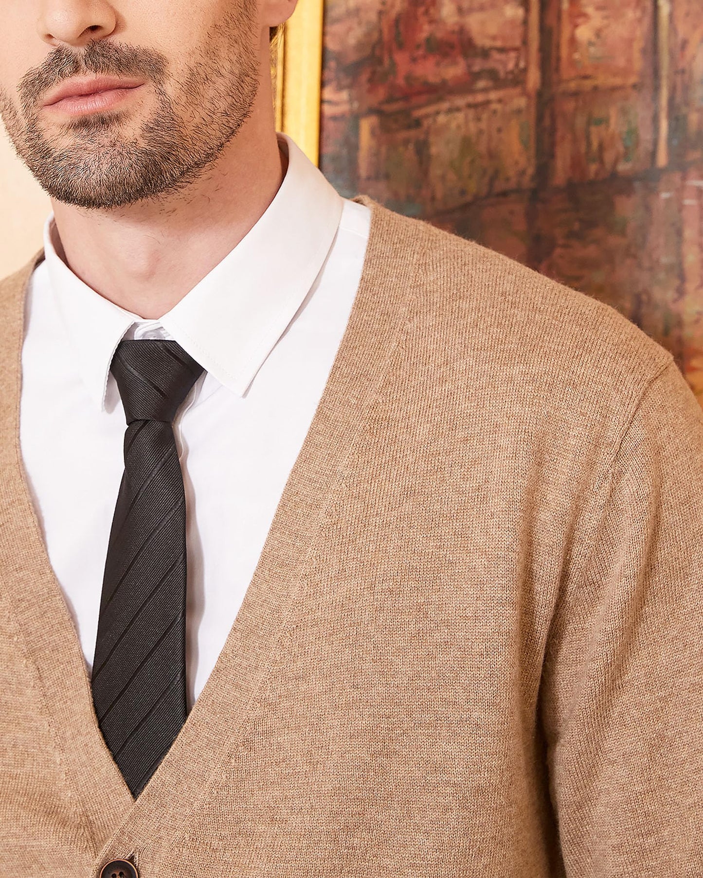 Kallspin Men's Tall Cardigan Sweaters Wool Blend V Neck Button Down Sweaters with Pockets(Coffee, 3XL-Tall)