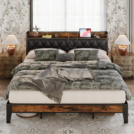 ANCTOR California King Bed Frames, Storage Headboard with Outlets, Easy to Install, Sturdy and Stable, No Noise, No Box Springs Needed, Rustic Brown and Black