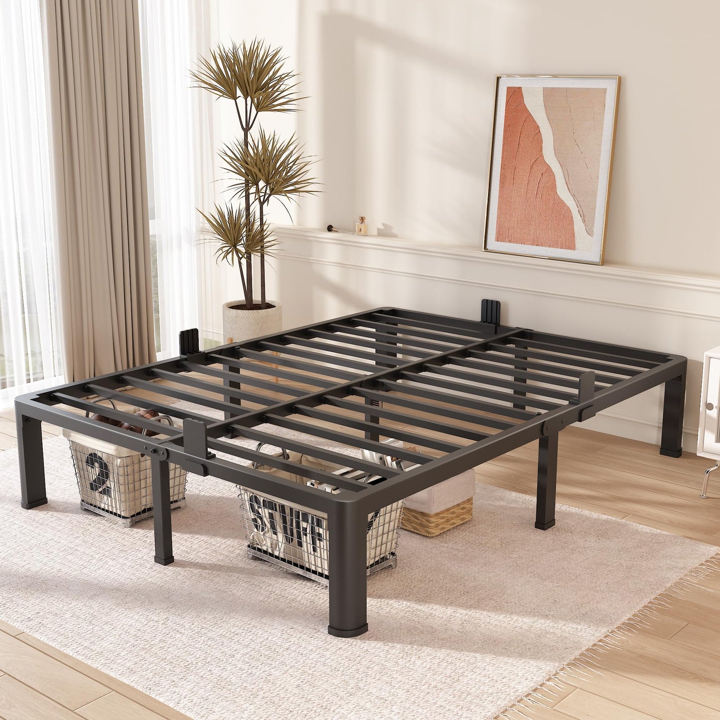 FUIOBYVV California King Bed Frame with Round Corner Edge Legs 14 inch High 3500 lbs Heavy Duty Metal Platform Bed Frame King Size No Box Spring Needed/Noise Free/Steel Slat Support/Non-Slip Black