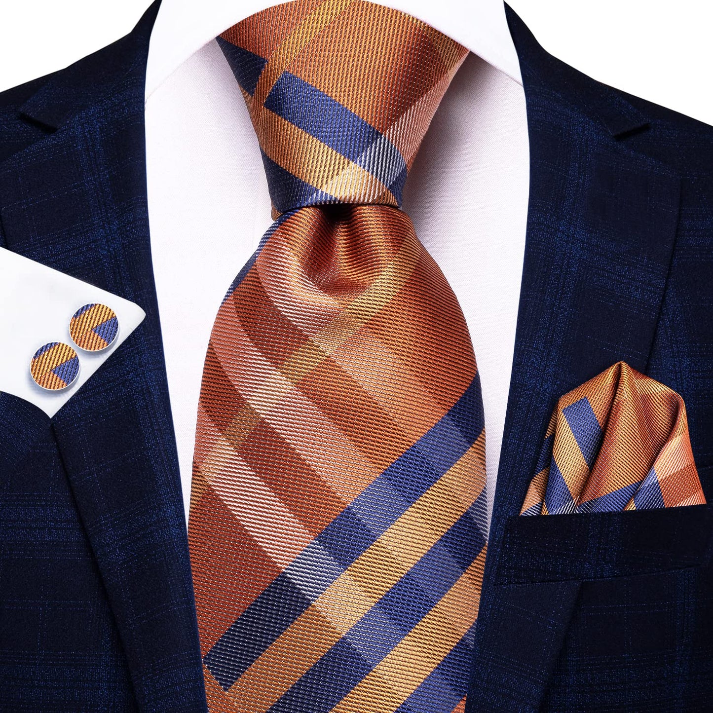 Hi-Tie 70''Navy Brown Tie Silk Extra Long Ties for Men XL Men's Ties Set Necktie and Pocket Square Cufflinks for Wedding