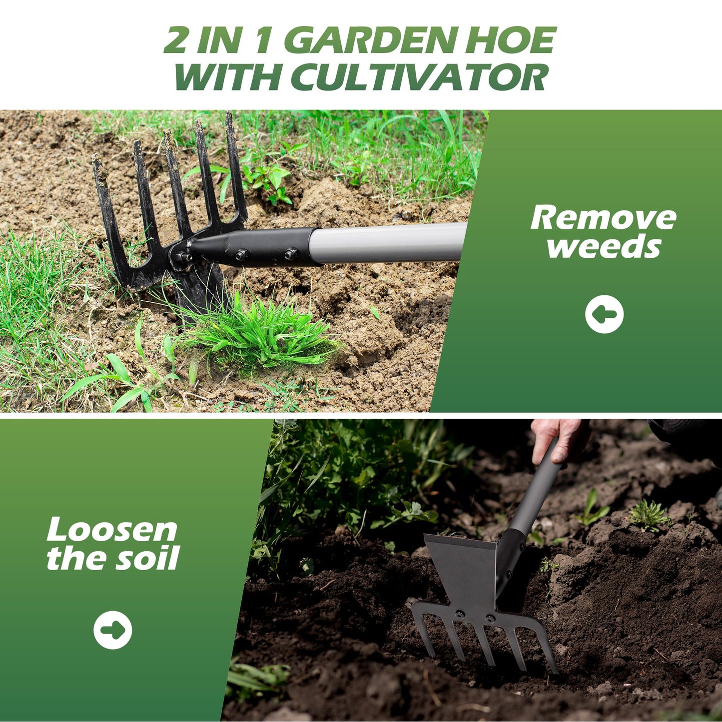 Walensee Hoe Garden Tool, 63 Inch Garden Hoe with Adjustable Long Handle for Weeding, 5-Tines Hoe Cultivator 2 in 1 Hand Weeder Tools for Yard Lawn Planting Gardening Digging