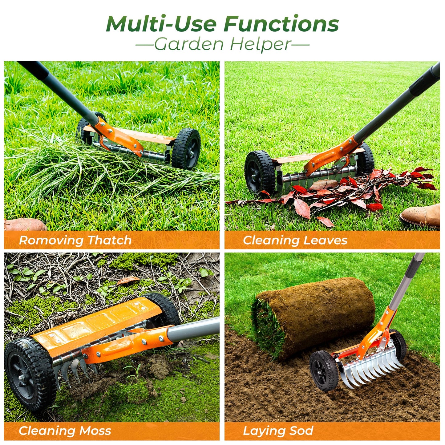 Walensee Dethatching Roller Rake with 76.8'' Adjustable Handle, 2mm Stainless Steel Blades, Heavy Duty Lawn Thatch Remover for Moss, Grass Clippings, Leaves & Debris – Ideal for Yard & Garden Cleanup