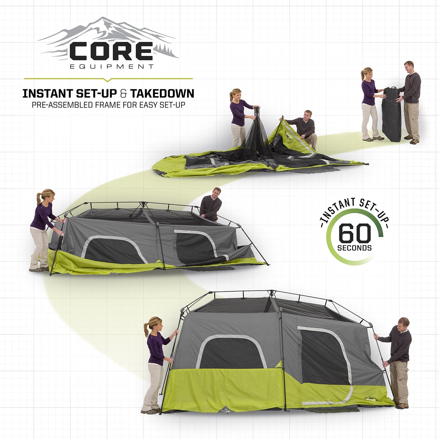 CORE 9 Person Instant Cabin Tent | Large Multi Room Family Pop Up Tent for 2 Minute Camp Setup | Included Storage Pockets for Camping Accessories