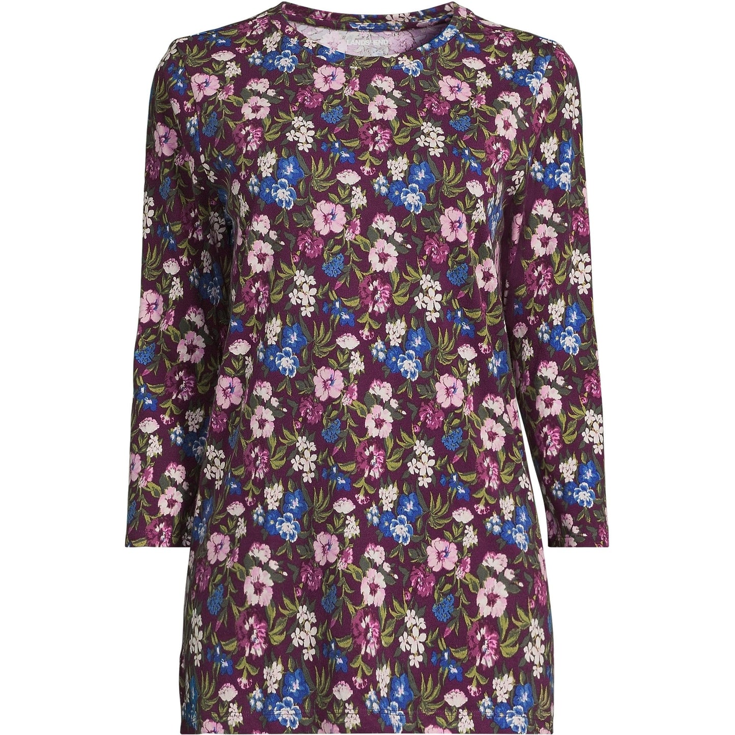 Lands' End Womens 3Q Cotton Supima Crew Neck Tunic Vivid Plum/pink Multi Floral Tall Small