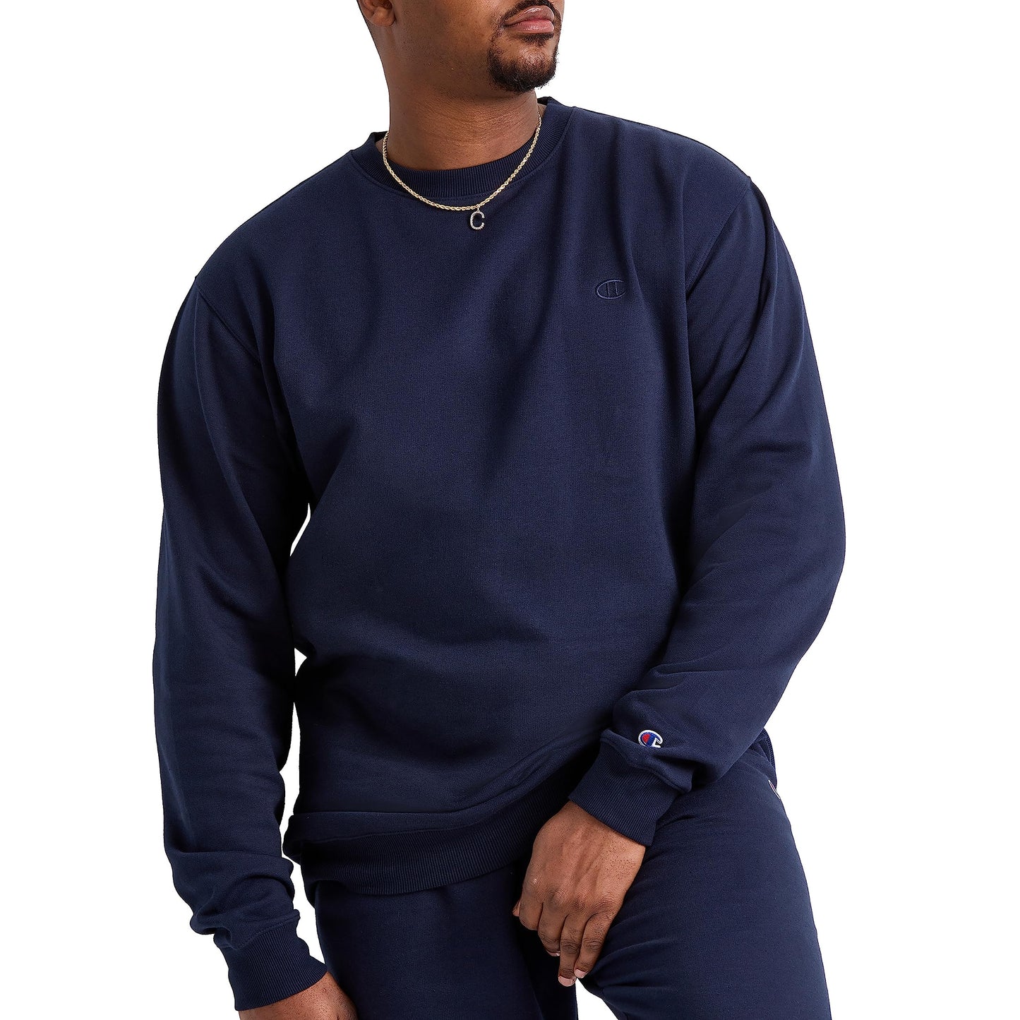 Champion Men's Crewneck Fleece Sweatshirt, Standard Fit, Midweight, Available in Regular and Big, Navy-C Logo, Large Tall