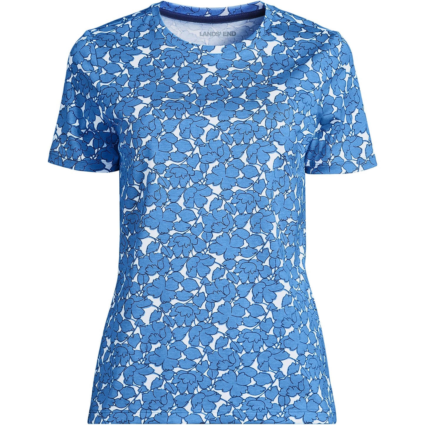 Lands' End Womens Short Sleeve Relaxed Supima Cotton Crew Neck T Shirt Paradise Blue Tossed Floral Tall Medium