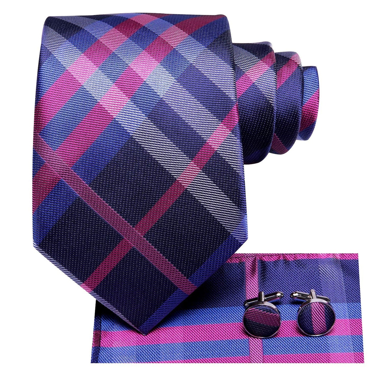 Hi-Tie Navy Blue Rose Ties for Men 70'' Silk Men's Ties Set Plaid Checks Necktie and Pocket Square Cufflinks for Wedding