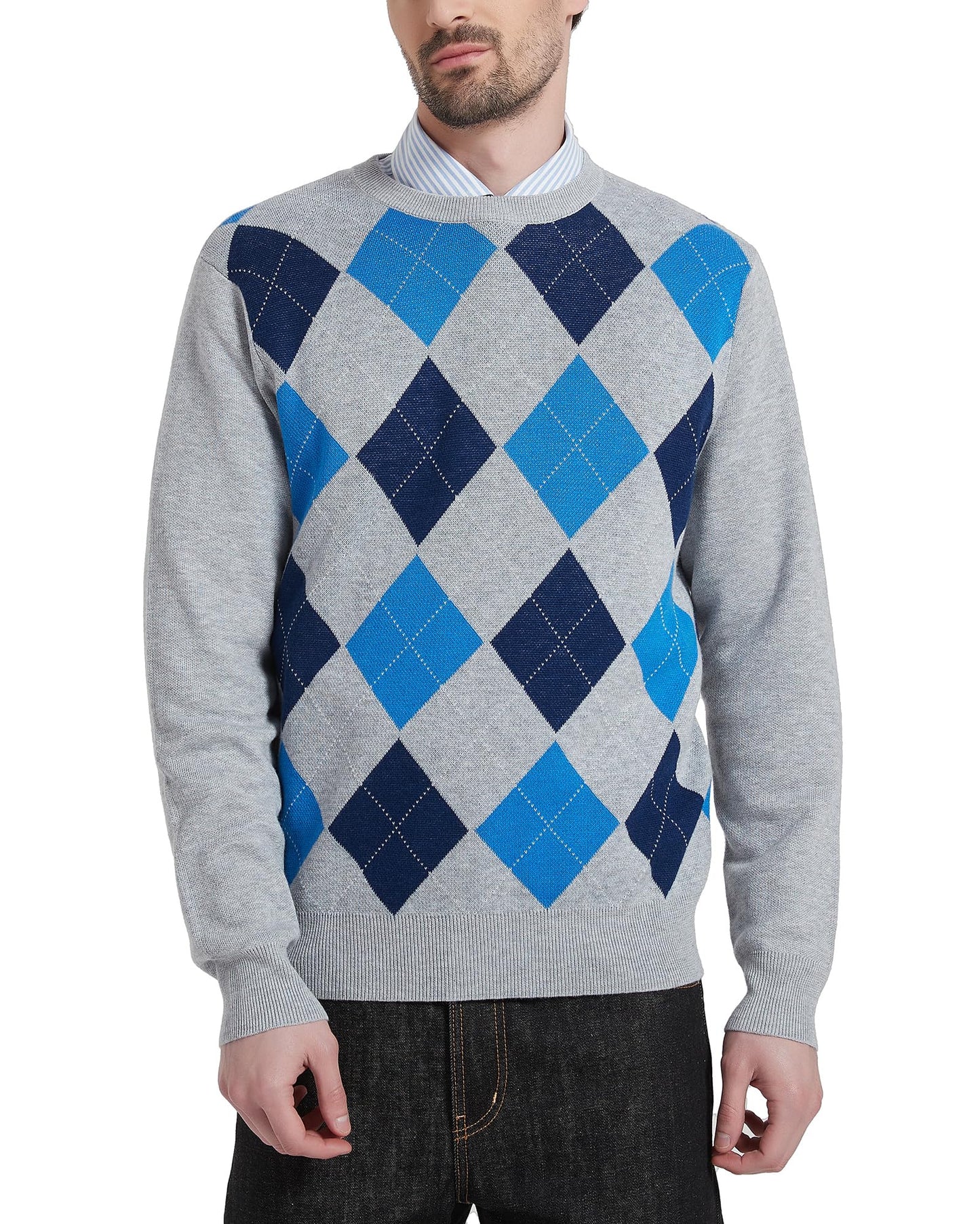 Kallspin Men's Wool Blend Crewneck Sweater Argyle Long Sleeve Pullover Sweater for Casual Or Dressy Wear(Light Grey,2XL-Tall)