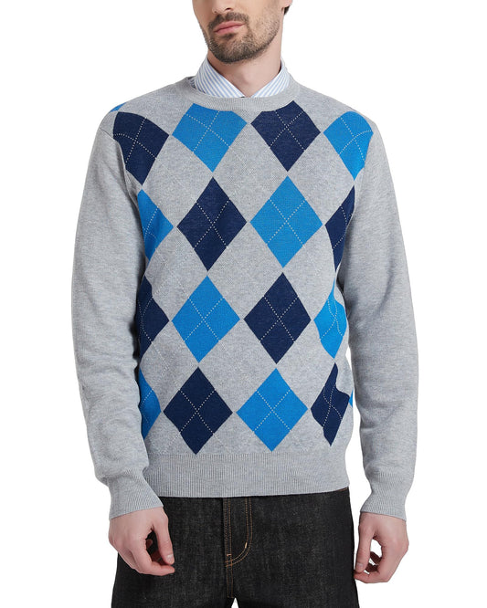 Kallspin Men's Wool Blend Crewneck Sweater Argyle Long Sleeve Pullover Sweater for Casual Or Dressy Wear(Light Grey,2XL-Tall)