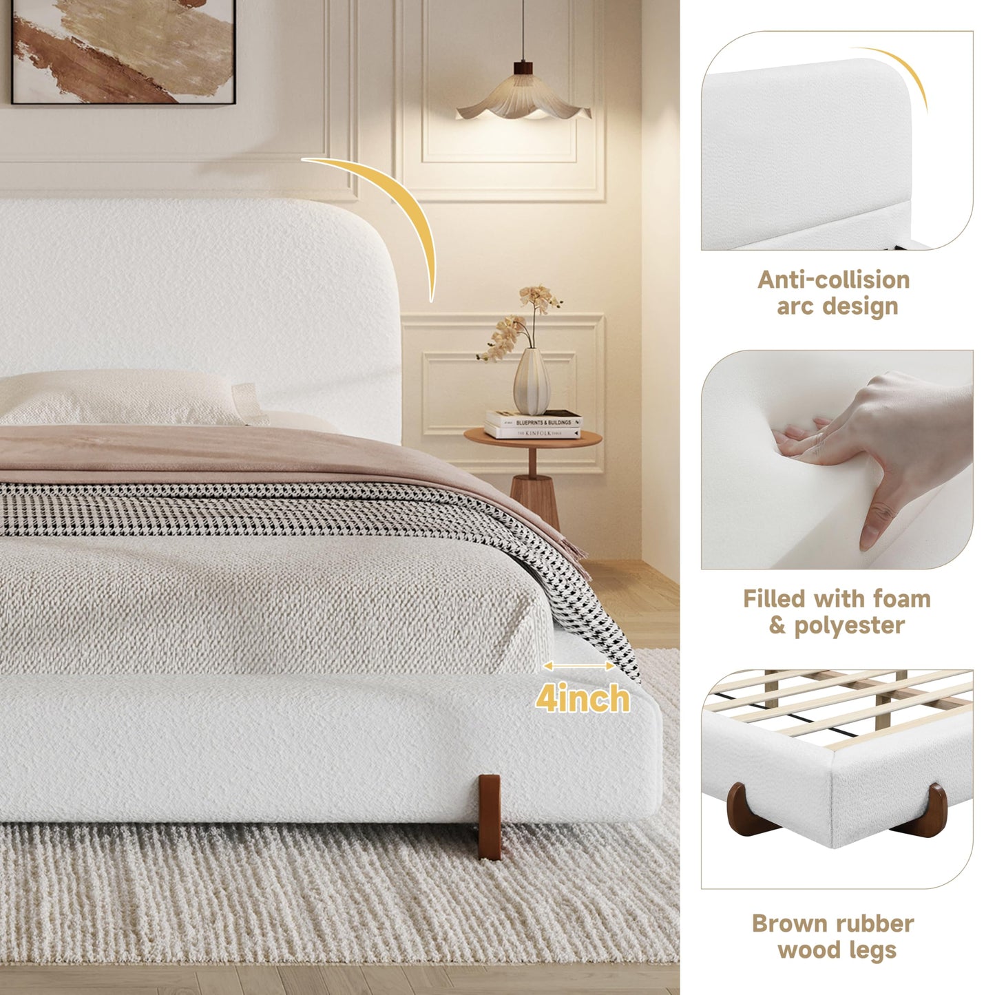 GDFStudio California King Upholstered Bed Frame, Unique Design with 4-Inch Thick Sides and Brown Rubber Wood Legs, White Chenille Fabric, Durable and Stylish Platform Bed for Home Décor