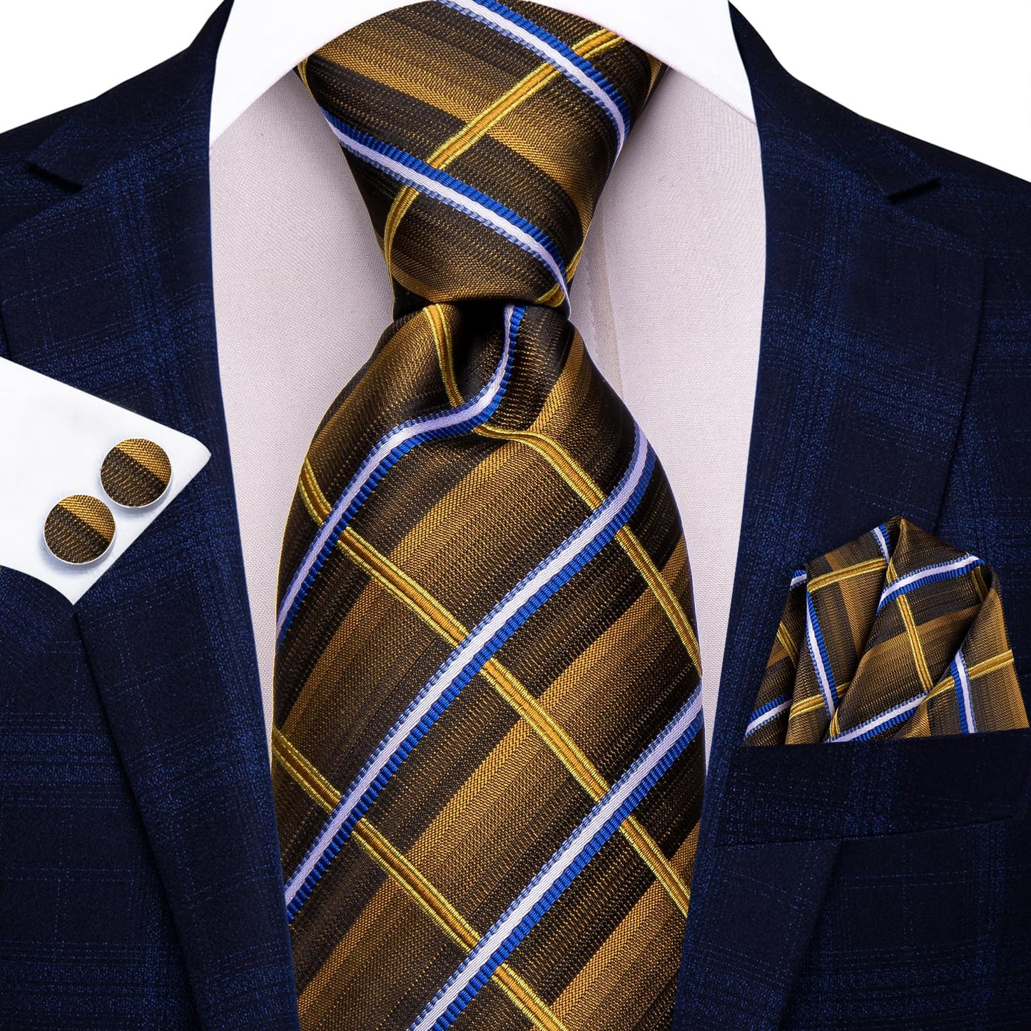 Hi-Tie 70'' Extra Long Ties for Men Silk Navy Brown Mens Ties Set and Pocket Square Cufflinks Checks Necktie for Business